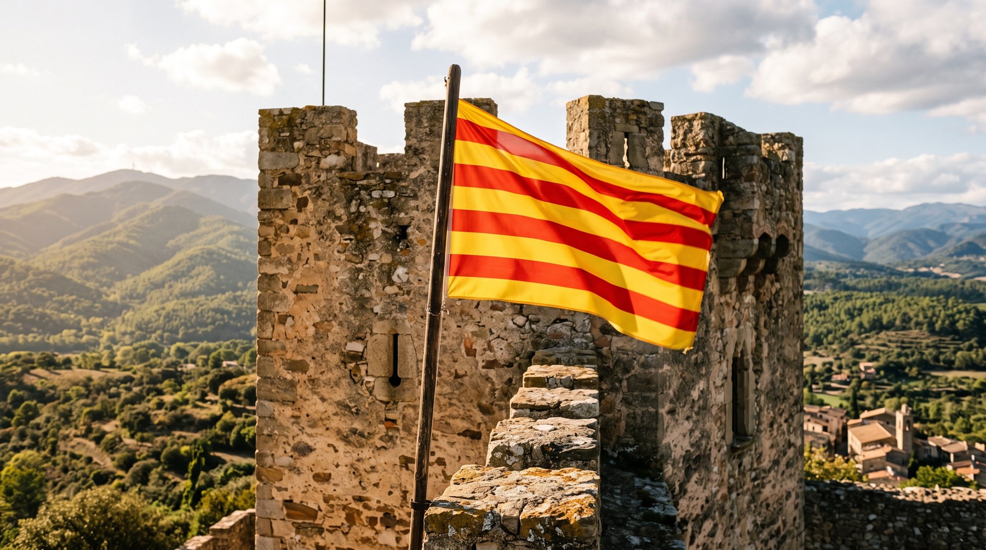 Drapeau catalan senyera aux quatre barres rouges sur fond or flottant devant un mur de pierre médiévale, lumière d'après-midi, Catalogne