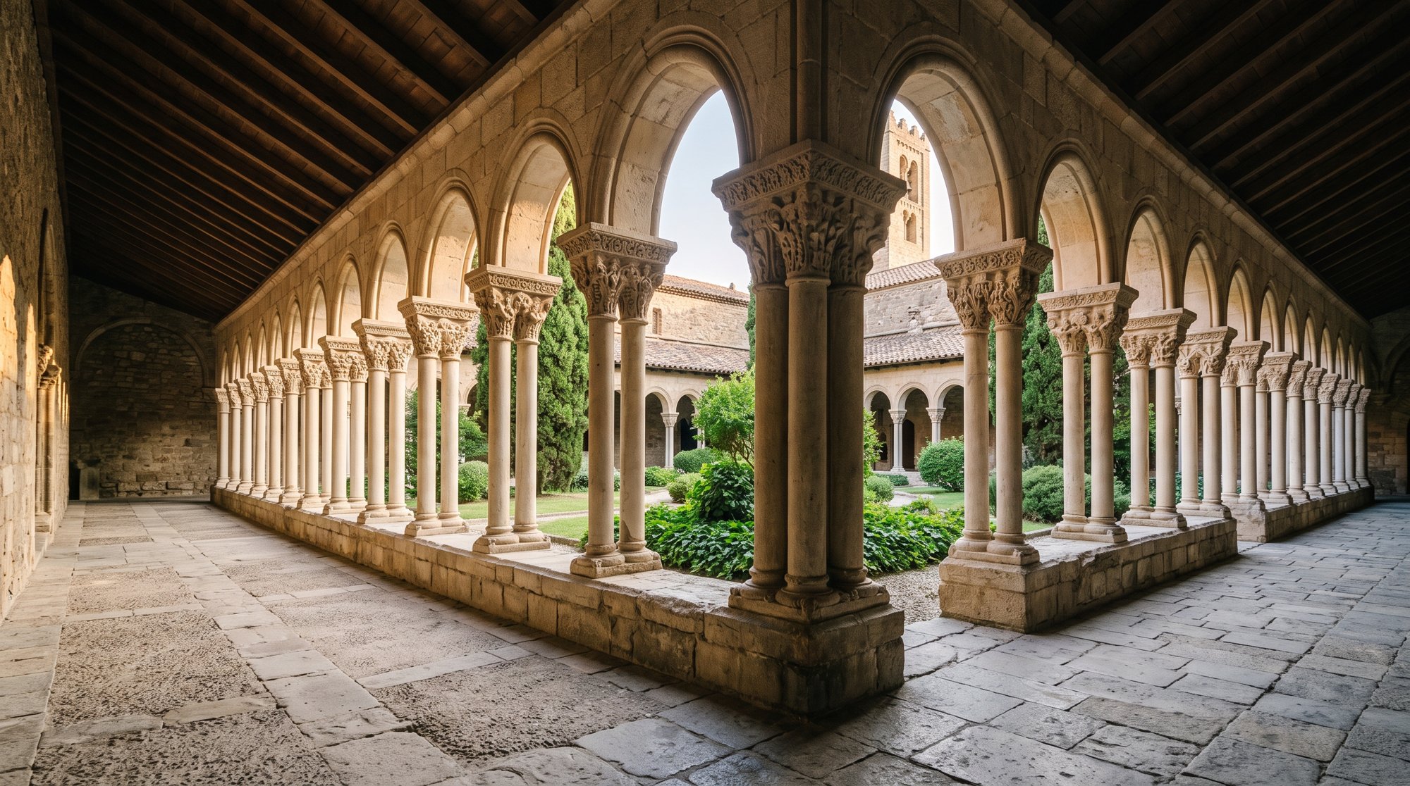 Cloître roman du monastère de Ripoll, colonnes jumelées en pierre claire, arcades et chapiteaux sculptés, lumière rasante du matin, Catalogne