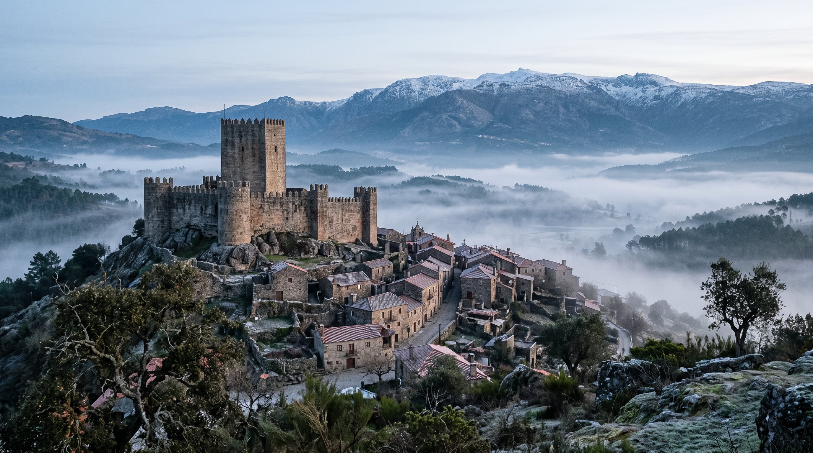 Château médiéval de Belmonte en granit doré au petit matin, brume montant de la vallée du Zêzere, créneaux et donjon carré, contreforts de la Serra da Estrela en arrière-plan, lumière d