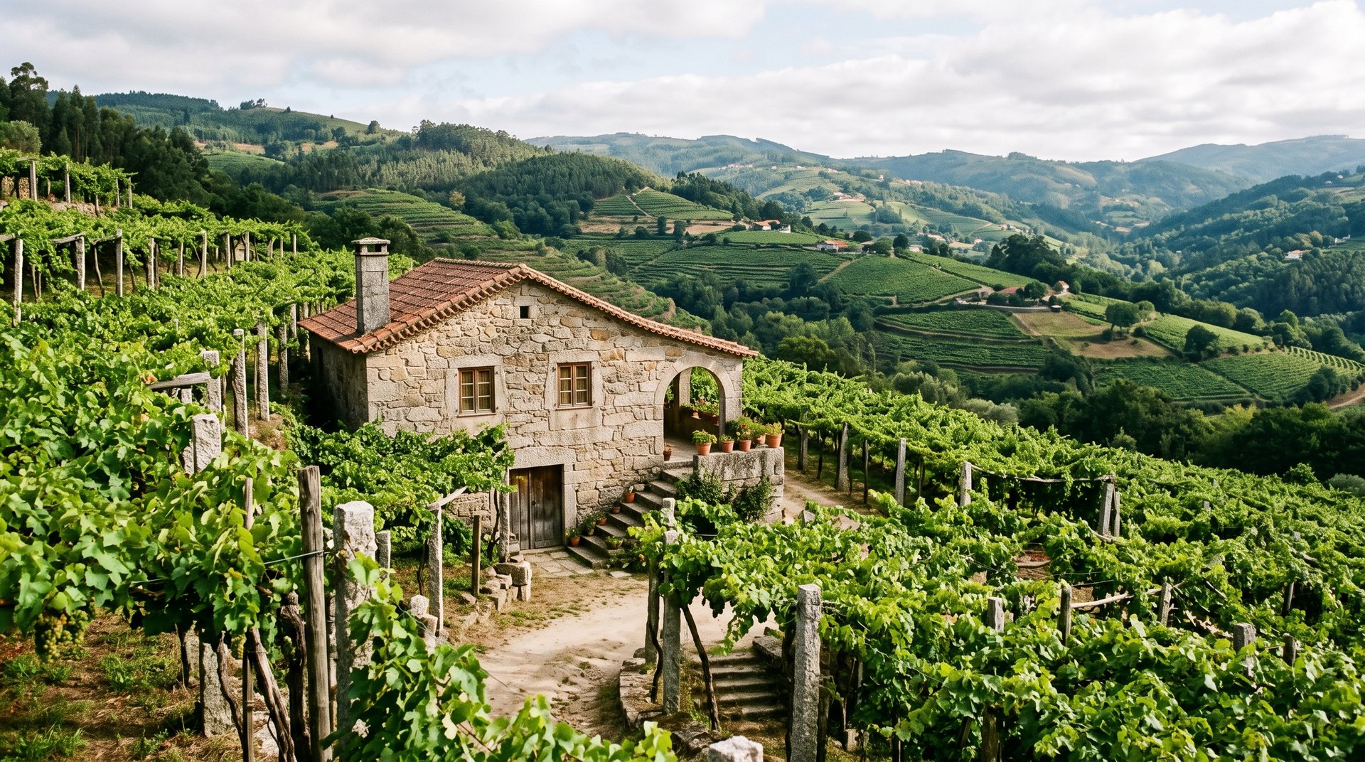 Maison basse en granit du XIXe siècle entourée de vignes de vinho verde grimpant sur des piliers de pierre, collines vertes du Minho, douce lumière du matin