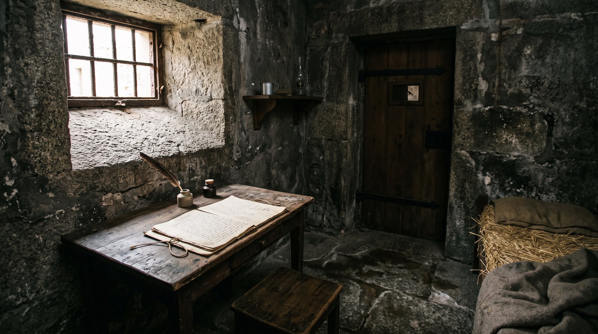 Cellule de pierre austère d'une ancienne prison portugaise du XIXe siècle, petite table de bois, plume, encrier et feuillets manuscrits, lumière pâle tombant d'une haute fenêtre grillagée
