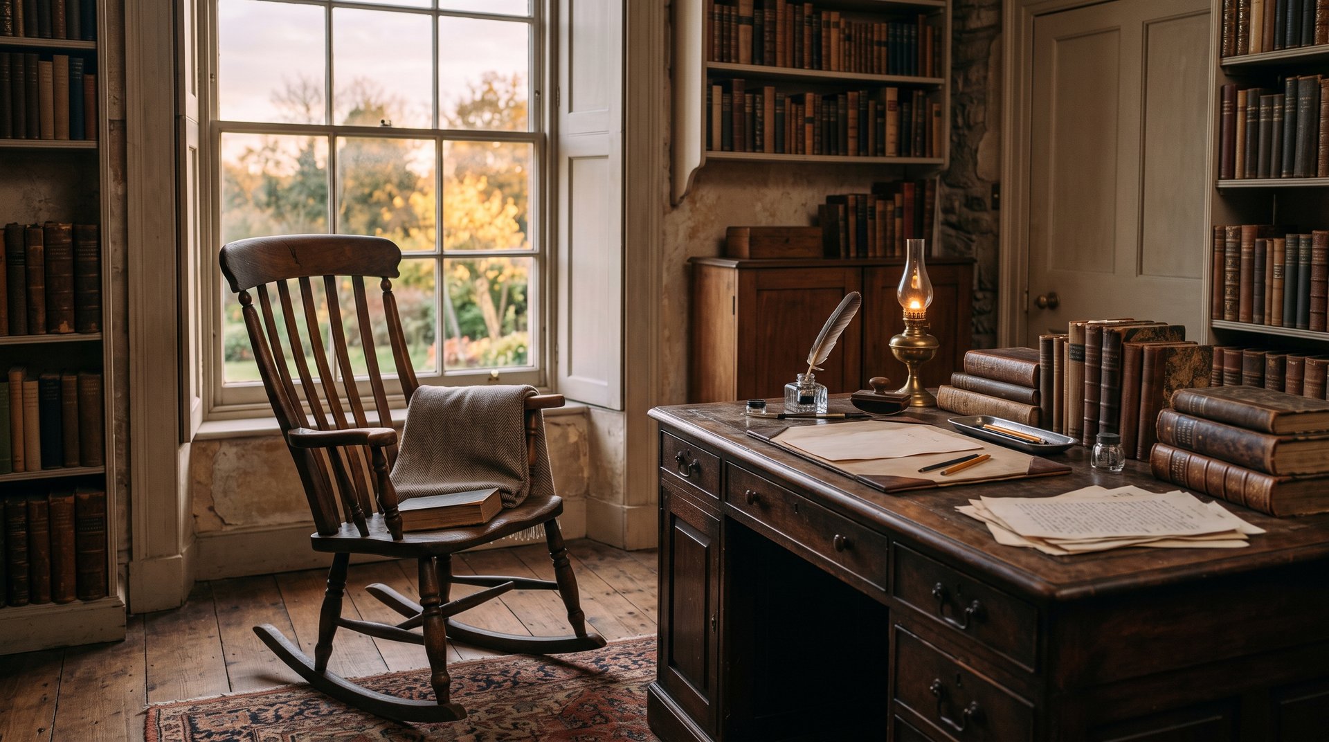 Fauteuil à bascule en bois ancien près d'une fenêtre dans un cabinet d'écrivain du XIXe siècle, bureau avec encrier et livres reliés, lumière chaude et déclinante de fin de journée