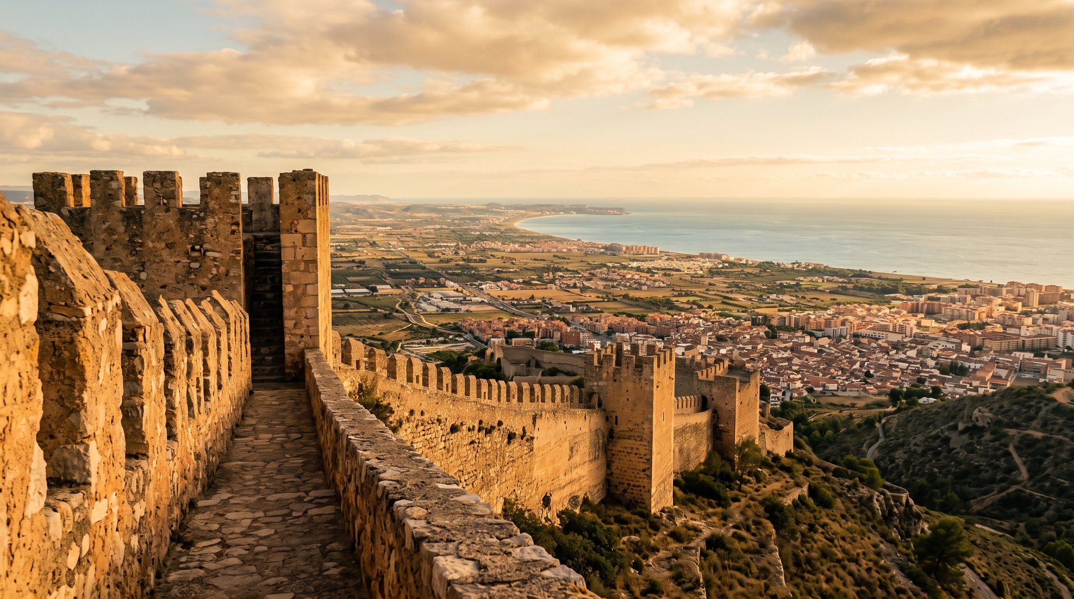 Vue depuis les hautes murailles antiques du château de Sagonte plongeant sur la plaine et la Méditerranée, pierres de calcaire ocre chauffées par le soleil, ambiance de fin d'après-midi méditerranéenne