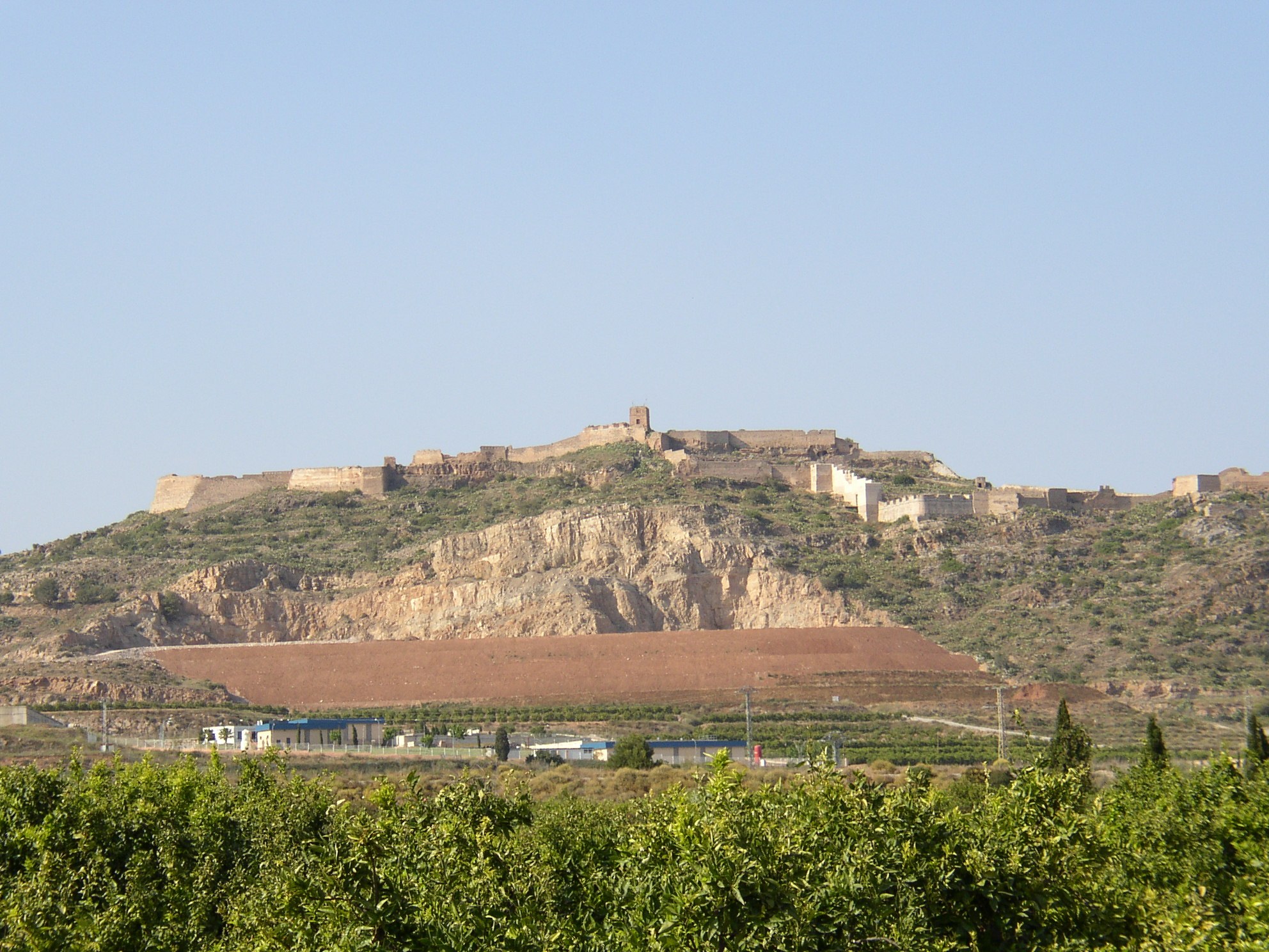 Château de Sagonte (Castillo de Sagunto / Castell de Sagunt), longues murailles de pierre courant sur la crête de la colline au-dessus de la ville, province de Valence, Espagne