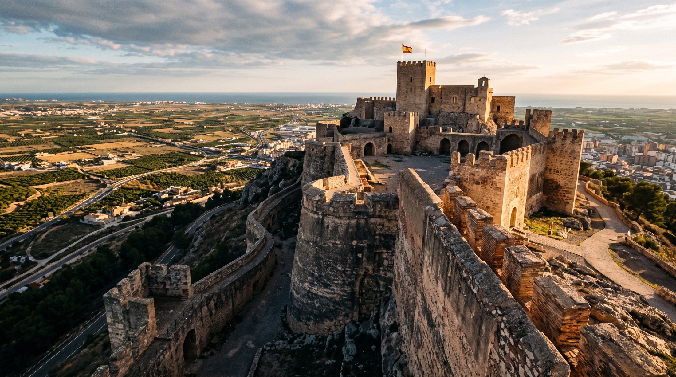 Les bastions modernes et la citadelle haute du château de Sagonte, murs épais réparés à l'époque napoléonienne, vue dominante sur la vallée de Valence, lumière rasante de fin de journée