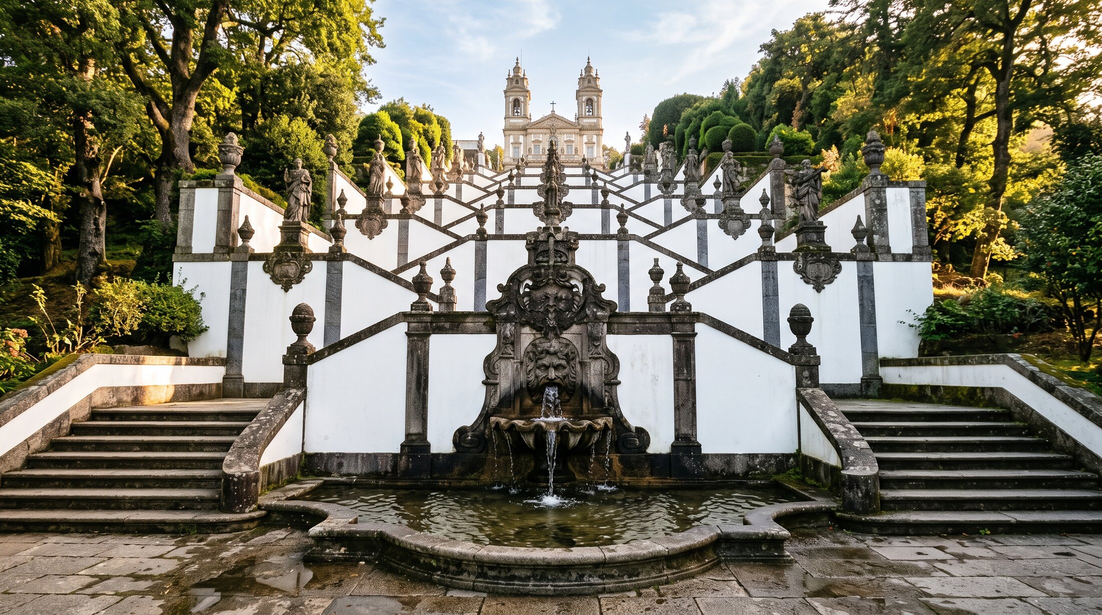 L'escalier des Cinq Sens du Bom Jesus do Monte, fontaines baroques en granit sombre d'où jaillit l'eau, murs blanchis à la chaux, lumière dorée du matin filtrant sous les arbres, Braga