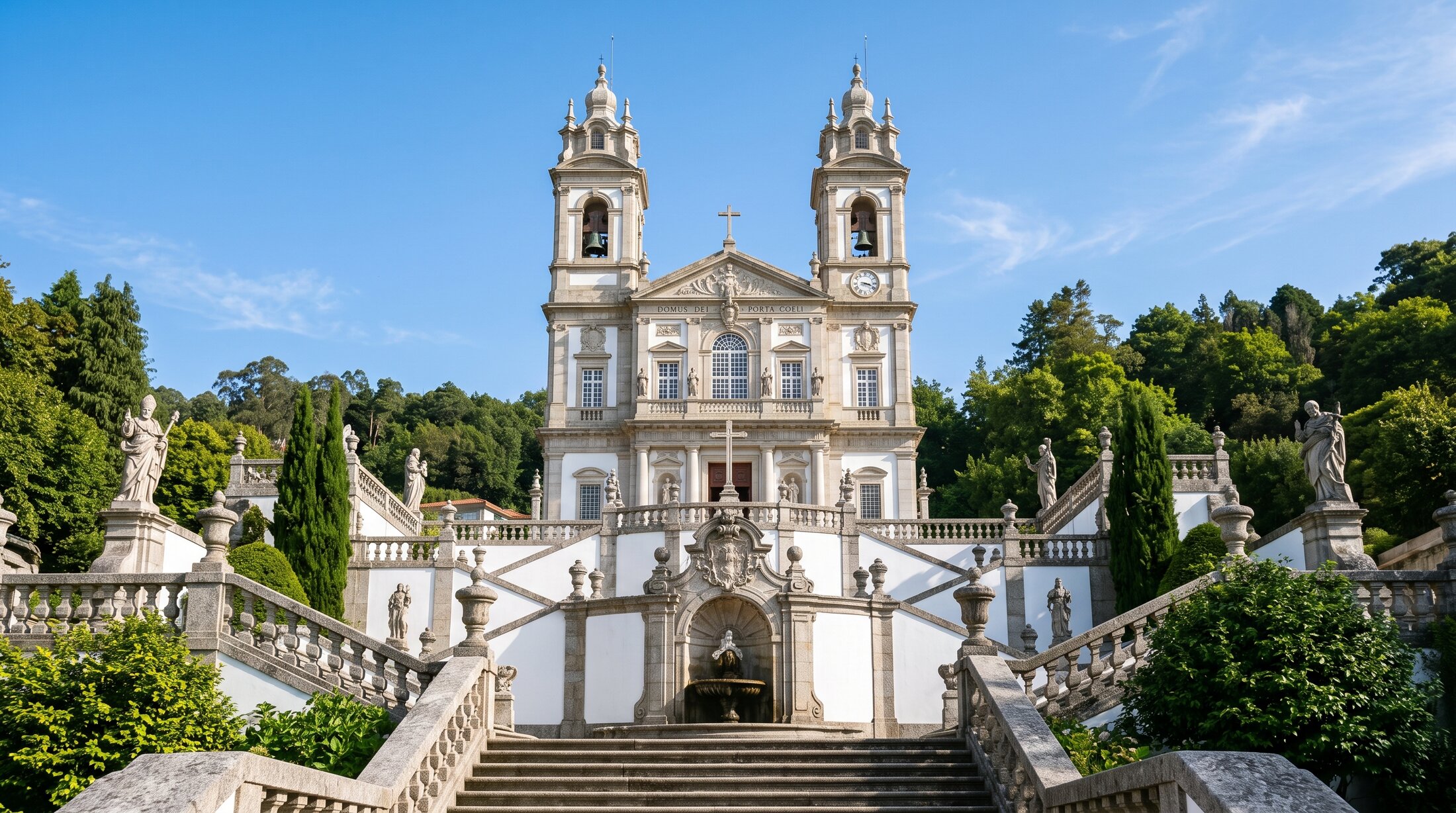 L'église néoclassique blanche de Bom Jesus do Monte au sommet de l'escalier baroque, façade encadrée de deux clochers, granit et chaux, ciel clair du matin, Braga