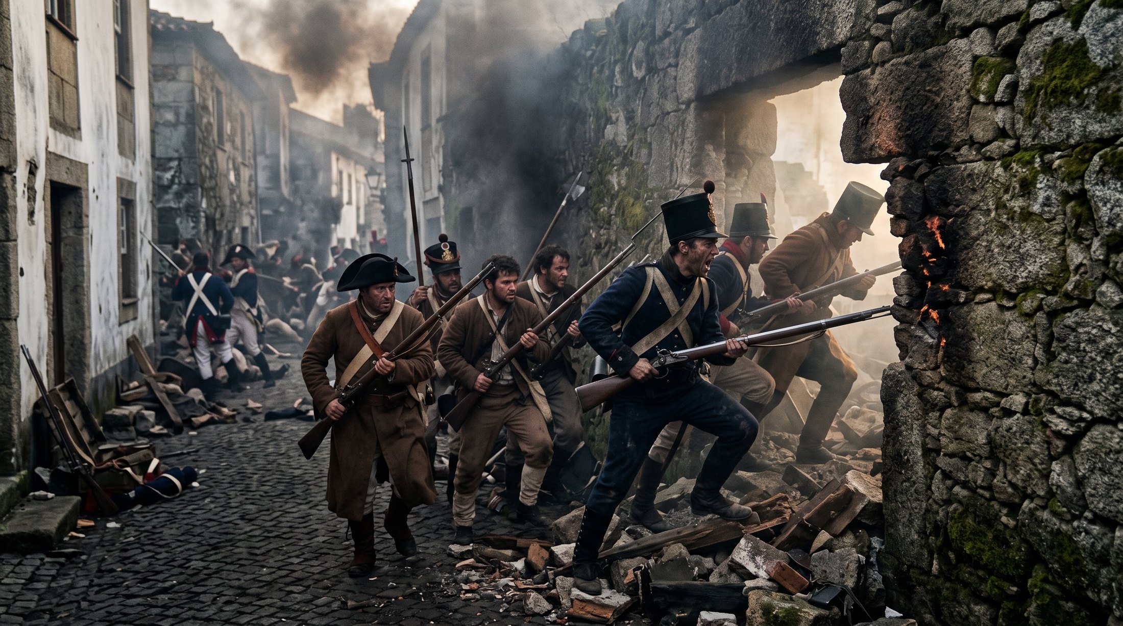 Combat de rue au corps à corps dans une petite ville portugaise, miliciens et soldats en 1809 franchissant une brèche dans un mur de granit, fumée, lumière de fin d'après-midi, tension