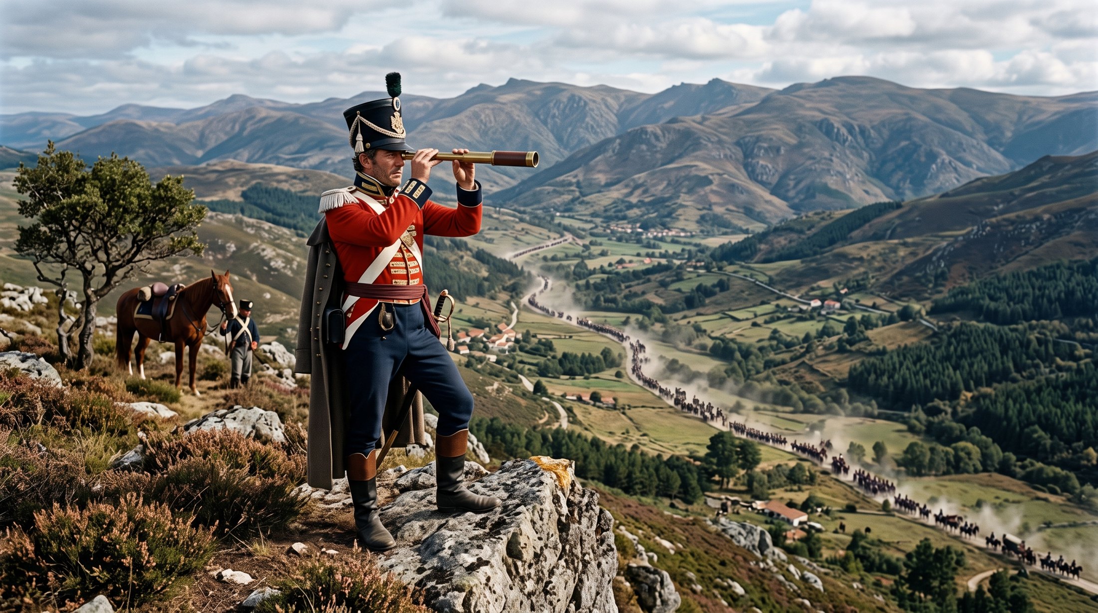 Officier britannique en uniforme rouge de 1809 observant à la longue-vue une vallée portugaise depuis une hauteur, colonnes françaises en retraite au loin, paysage de montagnes de Trás-os-Montes