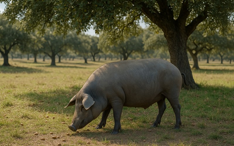 Dehesa de Extremadura, cochons ibériques noirs pâturant en liberté sous des chênes verts (encinas), Espagne