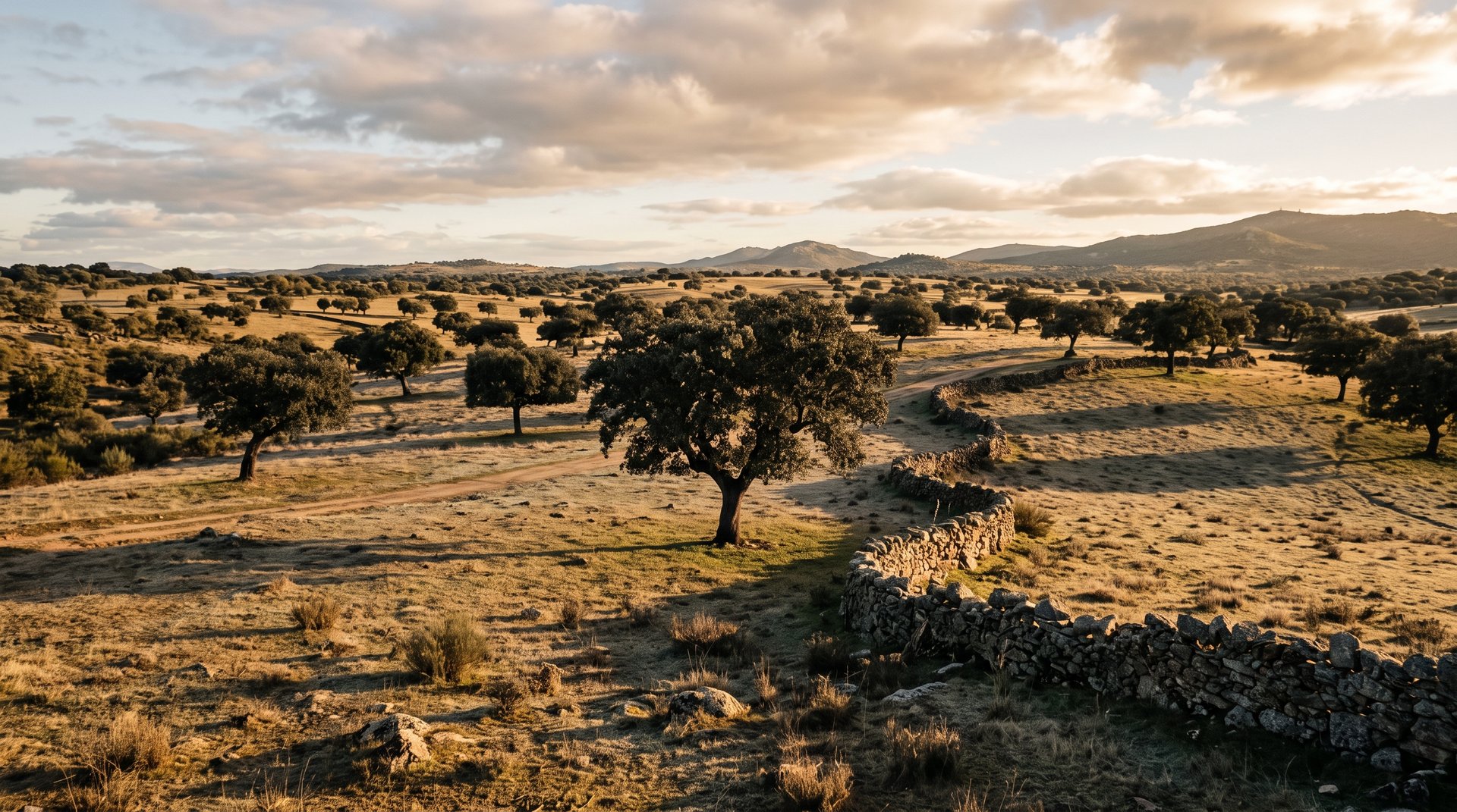 Paysage de dehesa en Estrémadure en hiver, chênes verts trapus espacés sur une herbe rase dorée, murets de pierres sèches, lumière rasante de fin d'après-midi