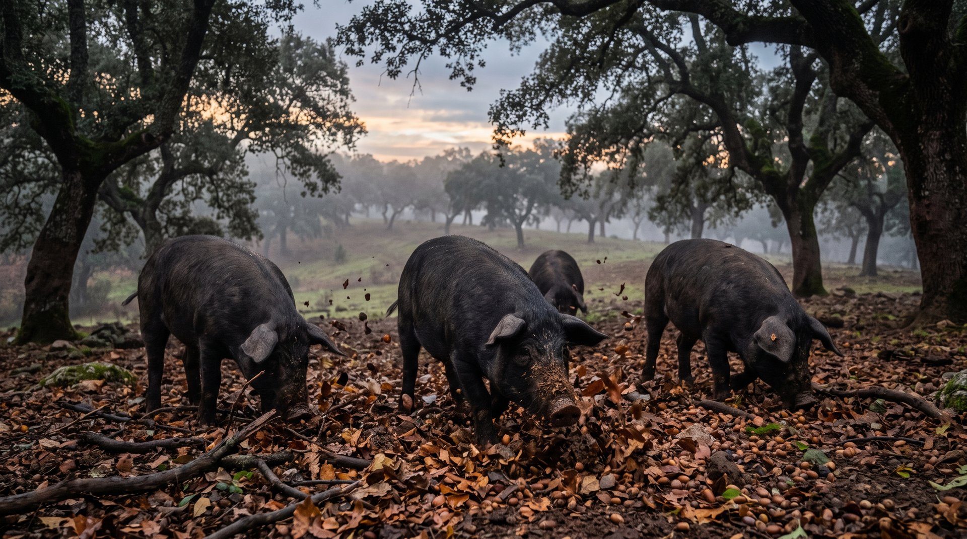 Cochons ibériques noirs cherchant des glands sous les chênes verts d'une dehesa au crépuscule, groins dans les feuilles mortes, brume légère