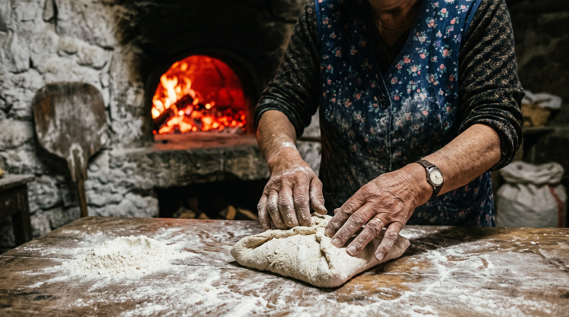 Mains d'une boulangère façonnant le pain traditionnel à quatre coins de Favaios devant la gueule rougeoyante d'un four à bois, fournil sombre blanchi de farine