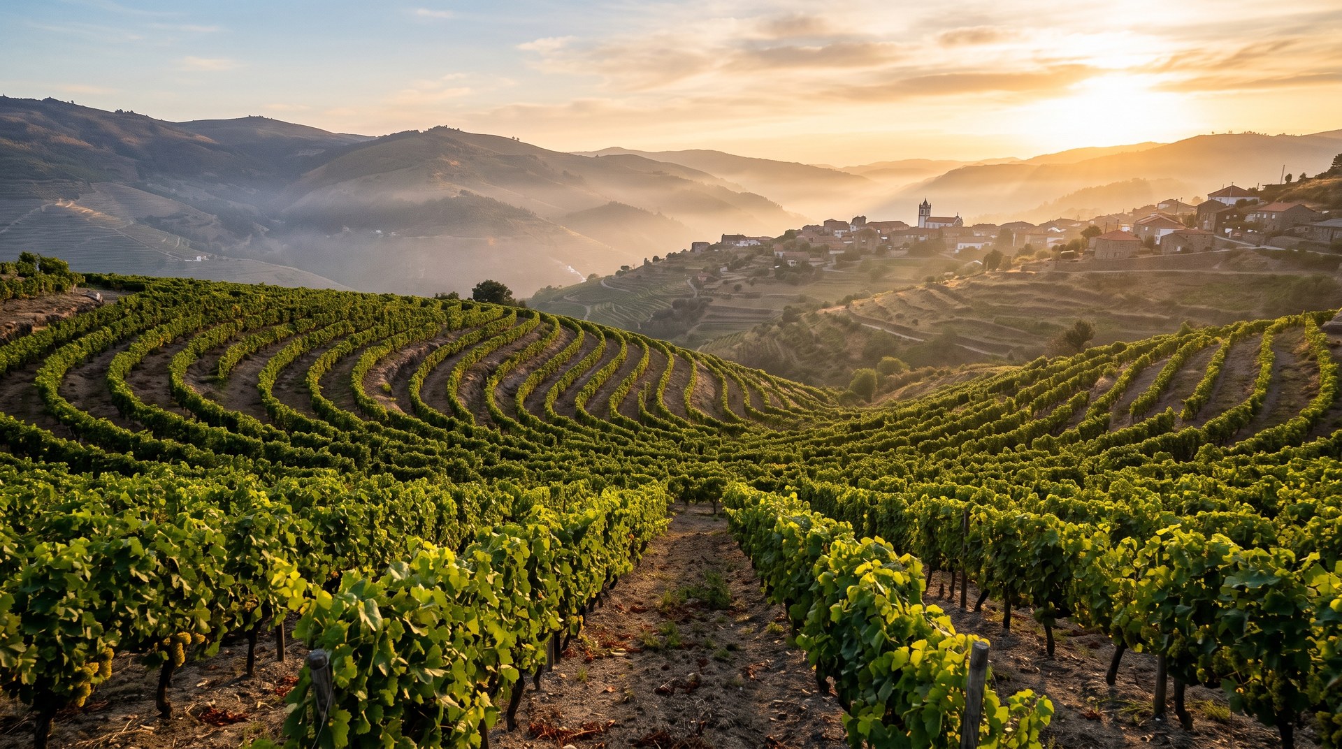 Vignes basses de moscatel galego branco sur le plateau de Favaios au lever du jour, rangées ordonnées et maisons de granit au loin, lumière dorée