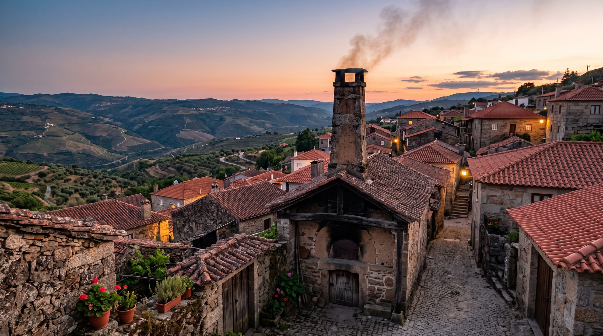 Le vieux four à bois communautaire de Favaios, cheminée haute fumant au-dessus des toits de granit du village au crépuscule, planalto du Douro