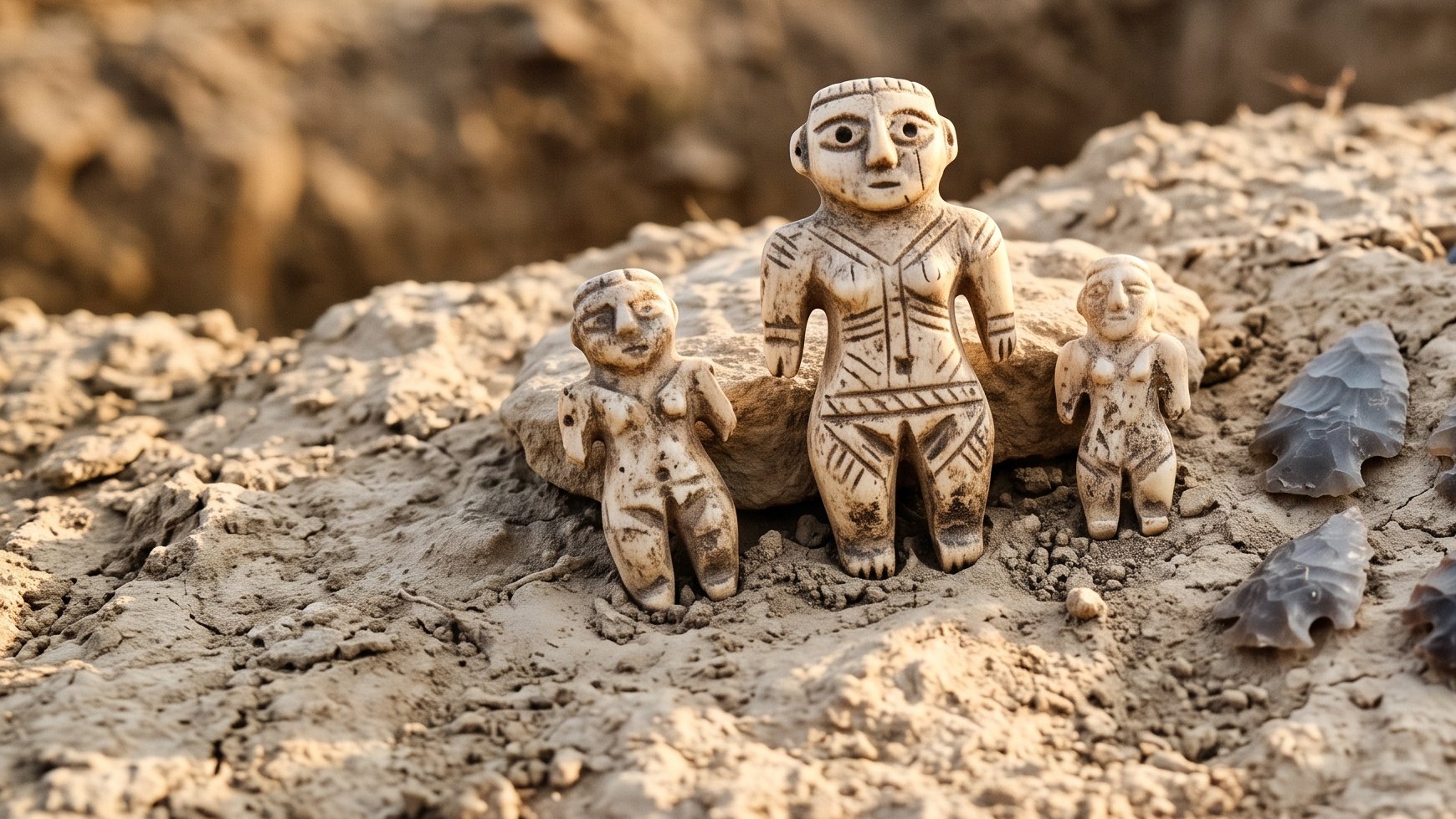 Petites figurines anthropomorphes et idoles en ivoire du Chalcolithique posées sur une terre claire de fouille, à côté de pointes de flèche en pierre taillée, lumière chaude latérale, gros plan documentaire