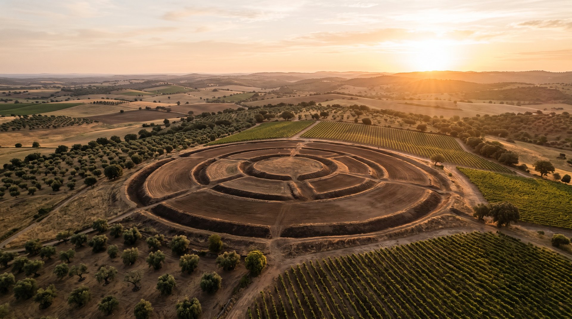 Vue aérienne au lever du soleil d'un vaste enclos préhistorique formé de fossés concentriques creusés dans une terre ocre, entouré de rangs de vigne en Alentejo, lumière rasante dorée, collines douces à l'horizon