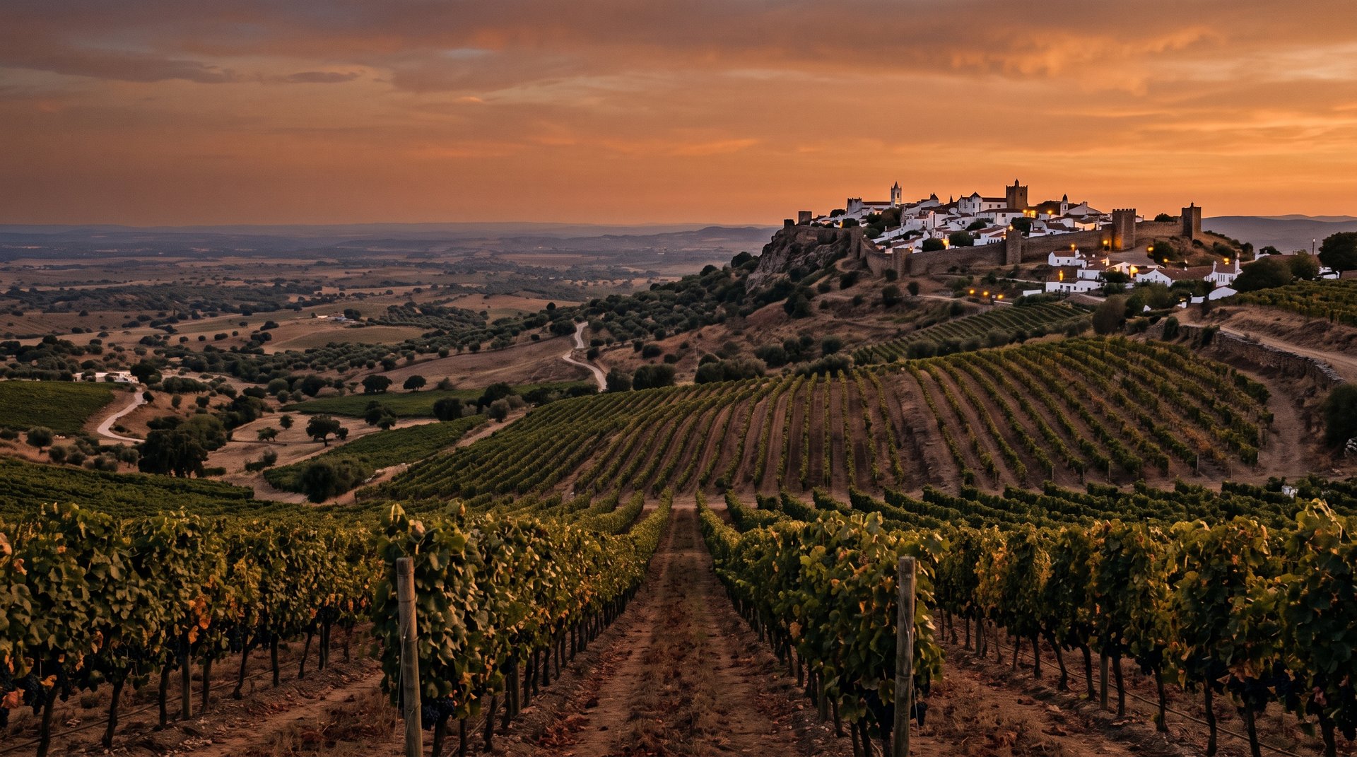 Rangs de vigne de l'Alentejo au crépuscule descendant vers une vallée, au loin le village fortifié blanc de Monsaraz perché sur sa crête avec ses premières lumières, ciel cuivré