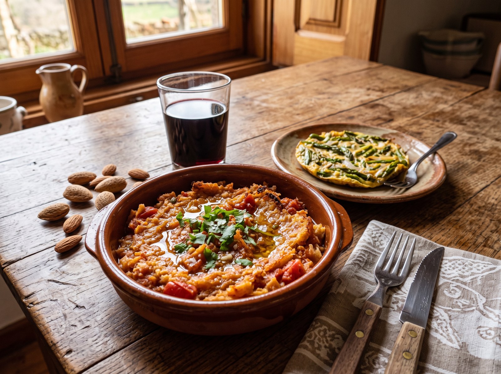 Migas de tomate, omelette d'asperges sauvages et vin rouge du Douro sur une table rustique de Foz Côa, Portugal