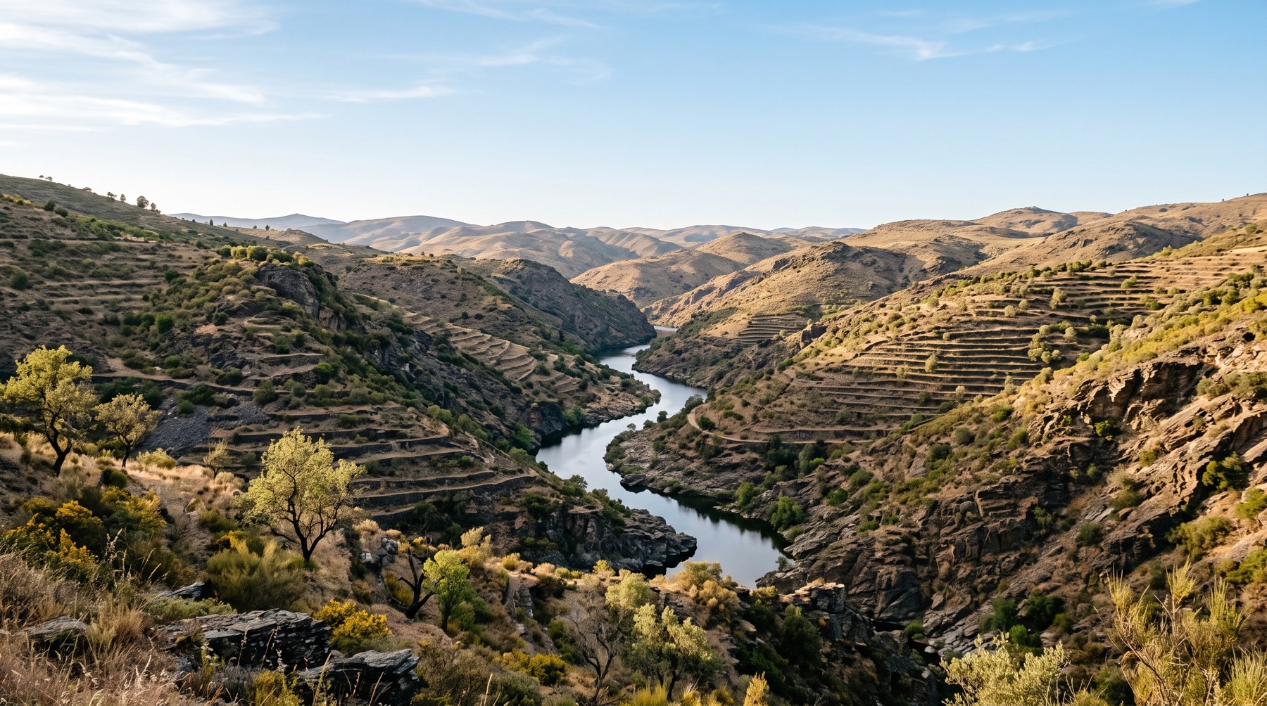 Vue large de la vallée du Côa au Portugal, versants de schiste étagés au-dessus de la rivière, paysage aride et lumineux, sans barrage, ciel dégagé de fin d'après-midi