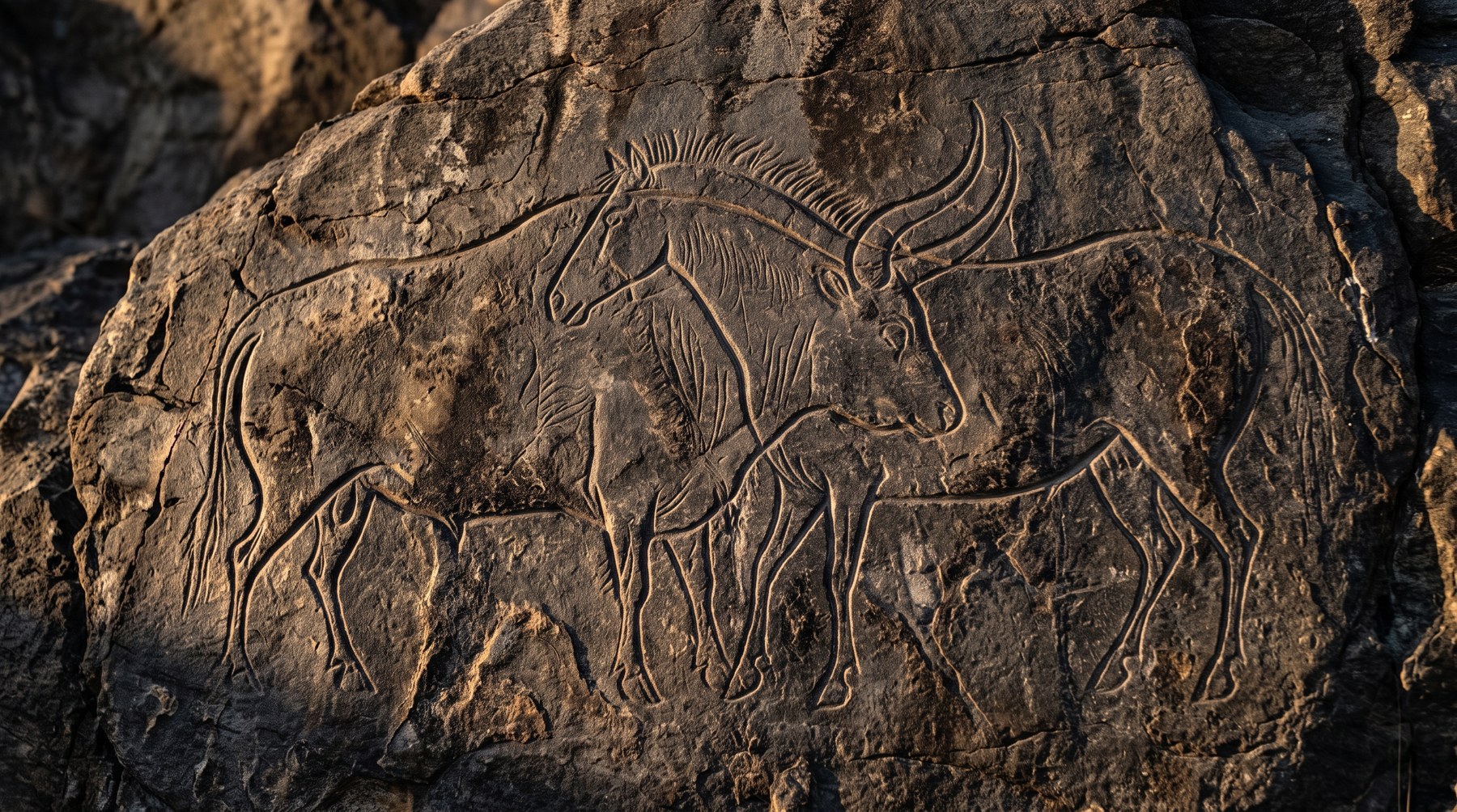 Gros plan d'une gravure rupestre paléolithique sur roche de schiste sombre dans la vallée du Côa, silhouette de cheval et d'aurochs incisée, éclairée en lumière rasante au crépuscule