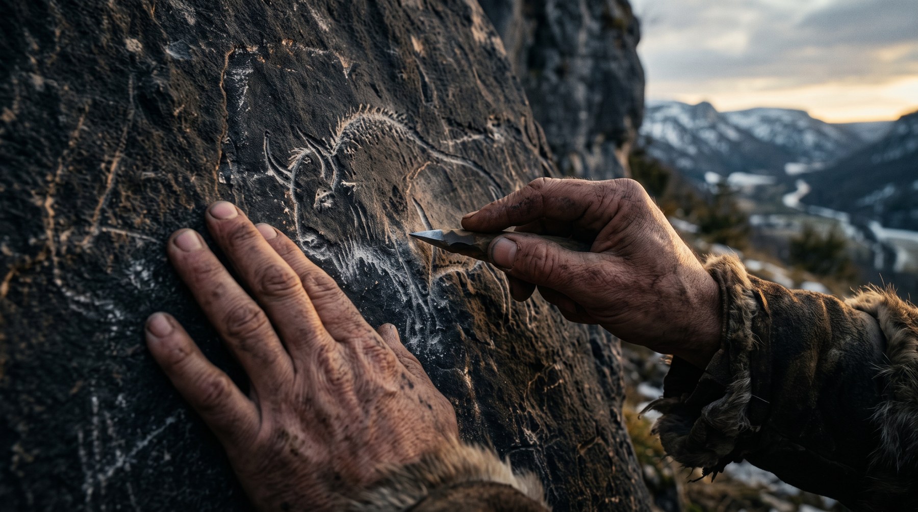 Deux mains d'artiste préhistorique au travail sur la roche, l'une gravant au silex en plein air, évocation atmosphérique de l'âge de glace, lumière dorée, ambiance de reconstitution documentaire