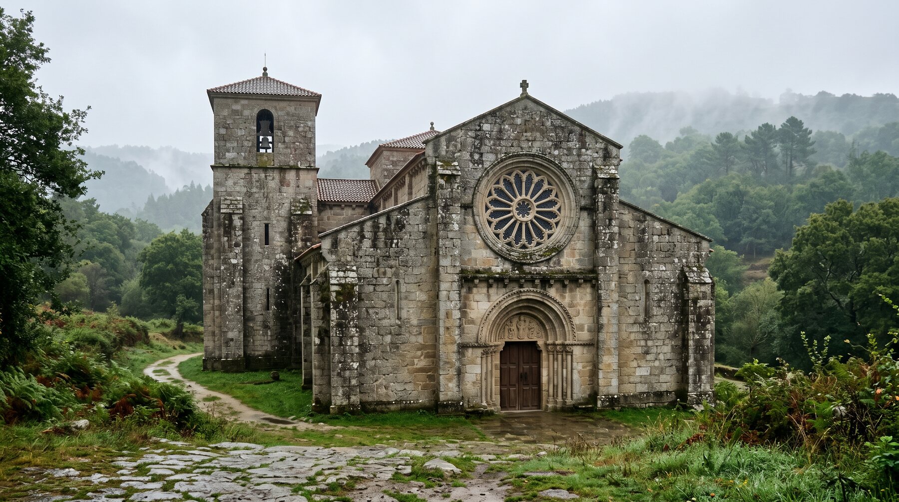 La façade de granit trapue du monastère cistercien de Santa María de Armenteira en Galice, avec sa rosace, sous une lumière d'eau et une brume légère, aspect de forteresse sobre