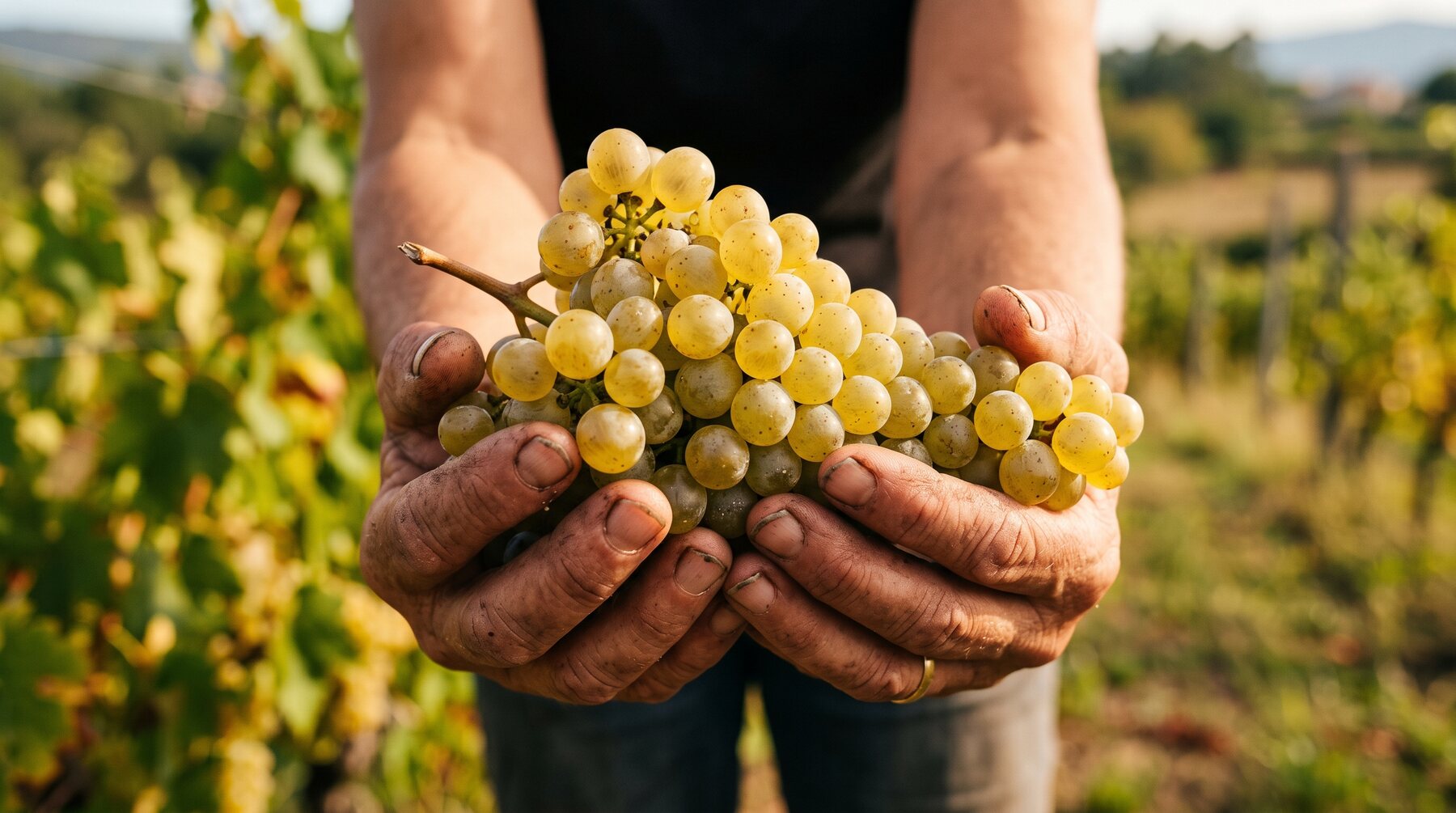 Mains d'une viticultrice tenant une grappe d'albariño doré pâle, gros plan sur les grains à peau épaisse, lumière naturelle de fin de matinée en Galice