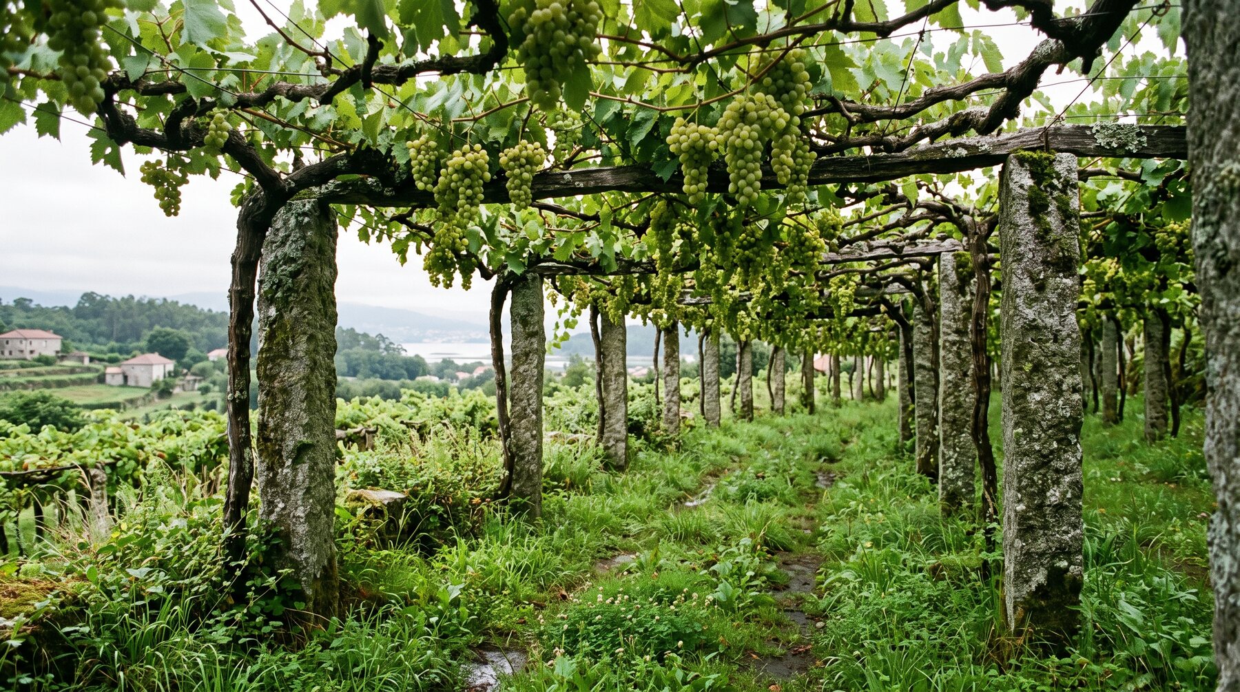 Vieilles treilles d'albariño montées sur piliers de granit, les parras galiciennes, grappes suspendues au-dessus d'un sol vert et humide près de Cambados
