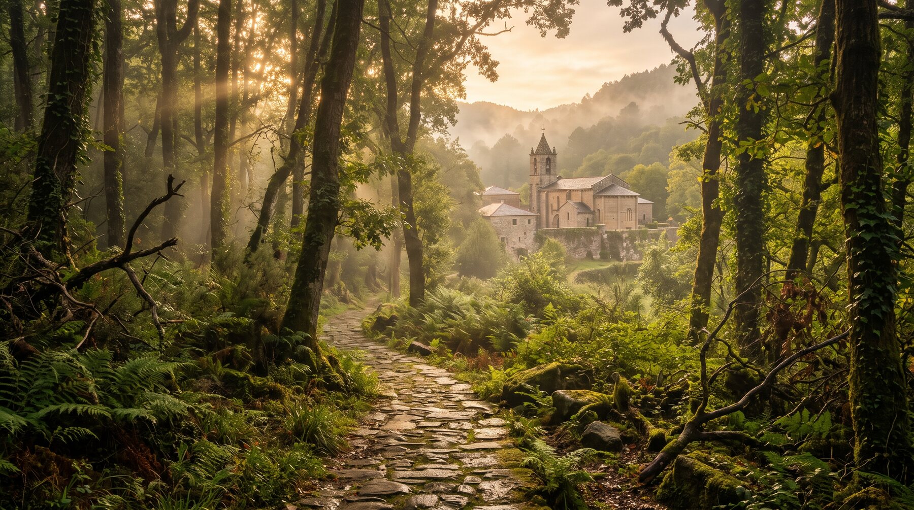 Sous-bois galicien baigné d'une lumière dorée de fin de journée, sentier de pierre menant vers le monastère, atmosphère contemplative et légendaire