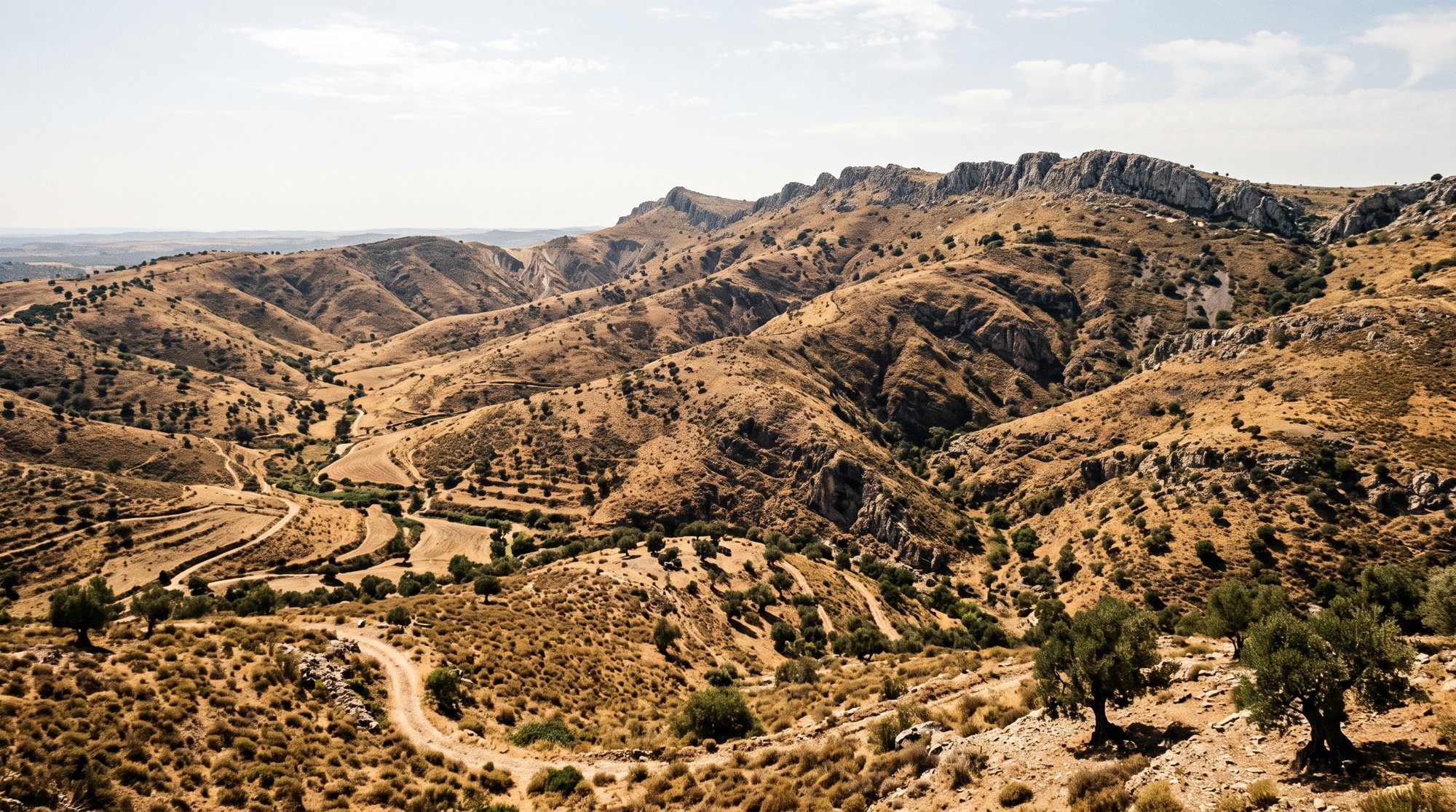 Collines de Roliça couvertes de broussailles sèches et d'oliviers sous une lumière d'août écrasante, ravins escarpés montant vers une crête rocheuse, Estremadura Portugal