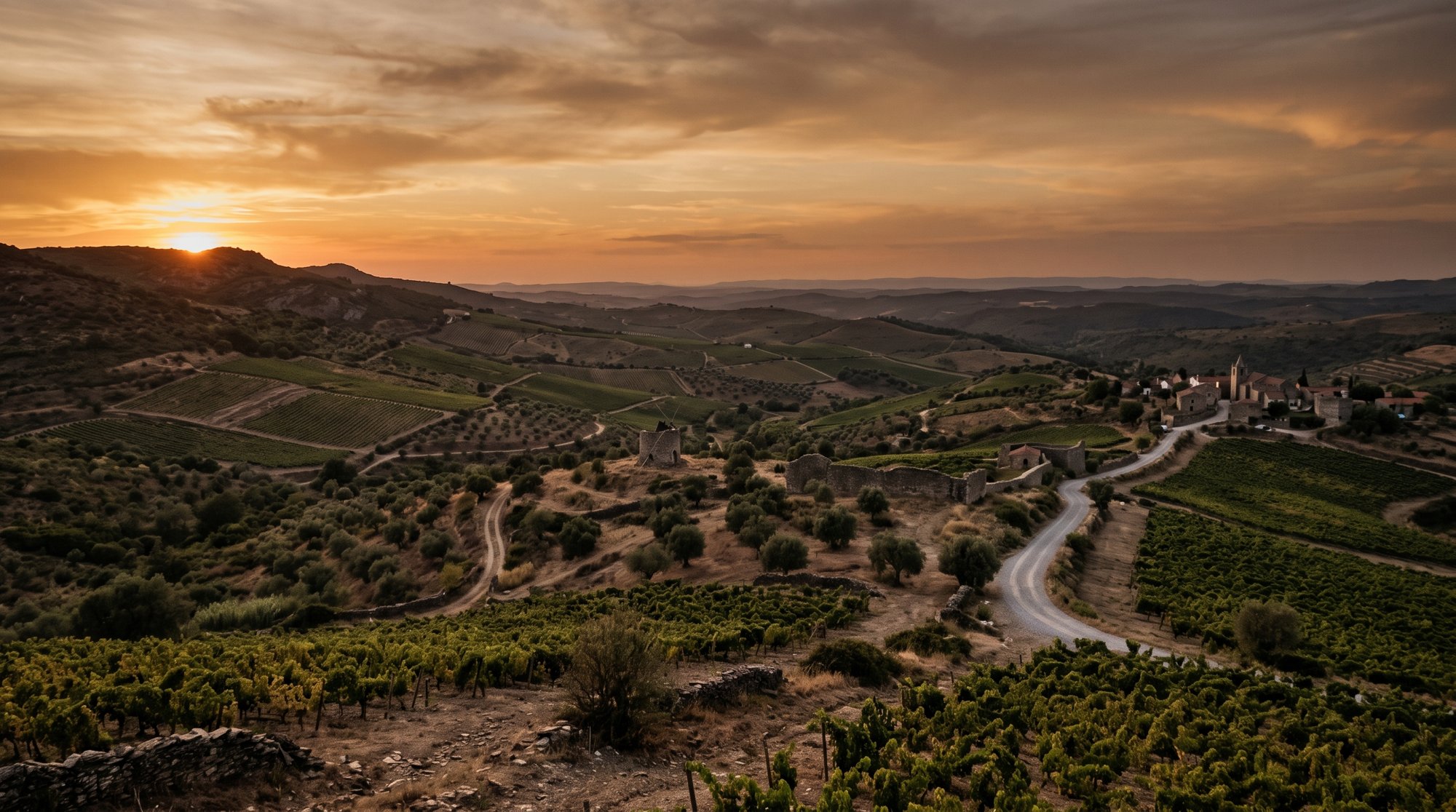 Vaste paysage de collines de l'Estremadura portugaise au coucher de soleil, vignes et oliveraies, teintes dorées et poussiéreuses, ambiance contemplative de champ de bataille historique