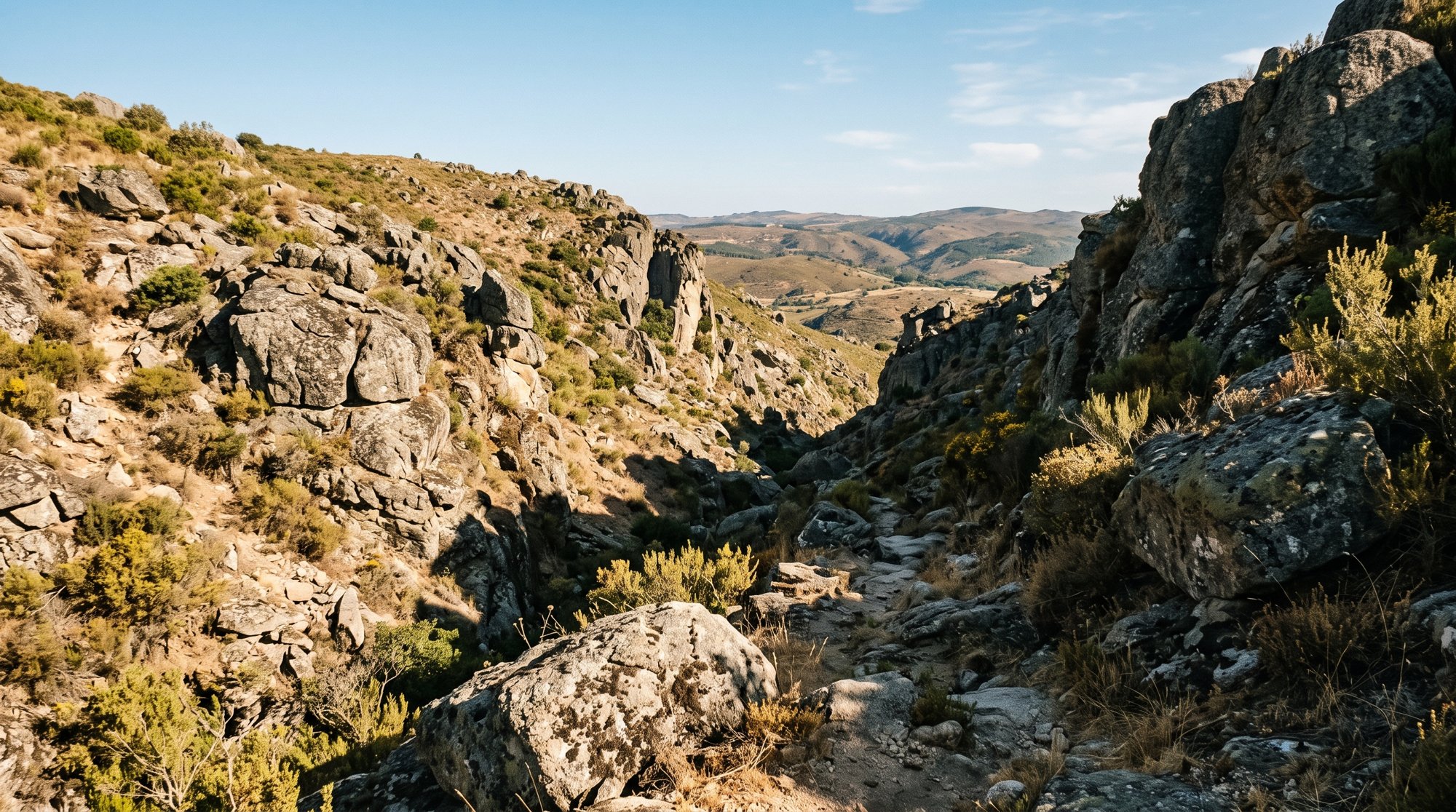 Défilé rocheux escarpé sur une colline portugaise, blocs de granit et broussailles, lumière rasante de fin de matinée, atmosphère de champ de bataille napoléonien, aucune personne