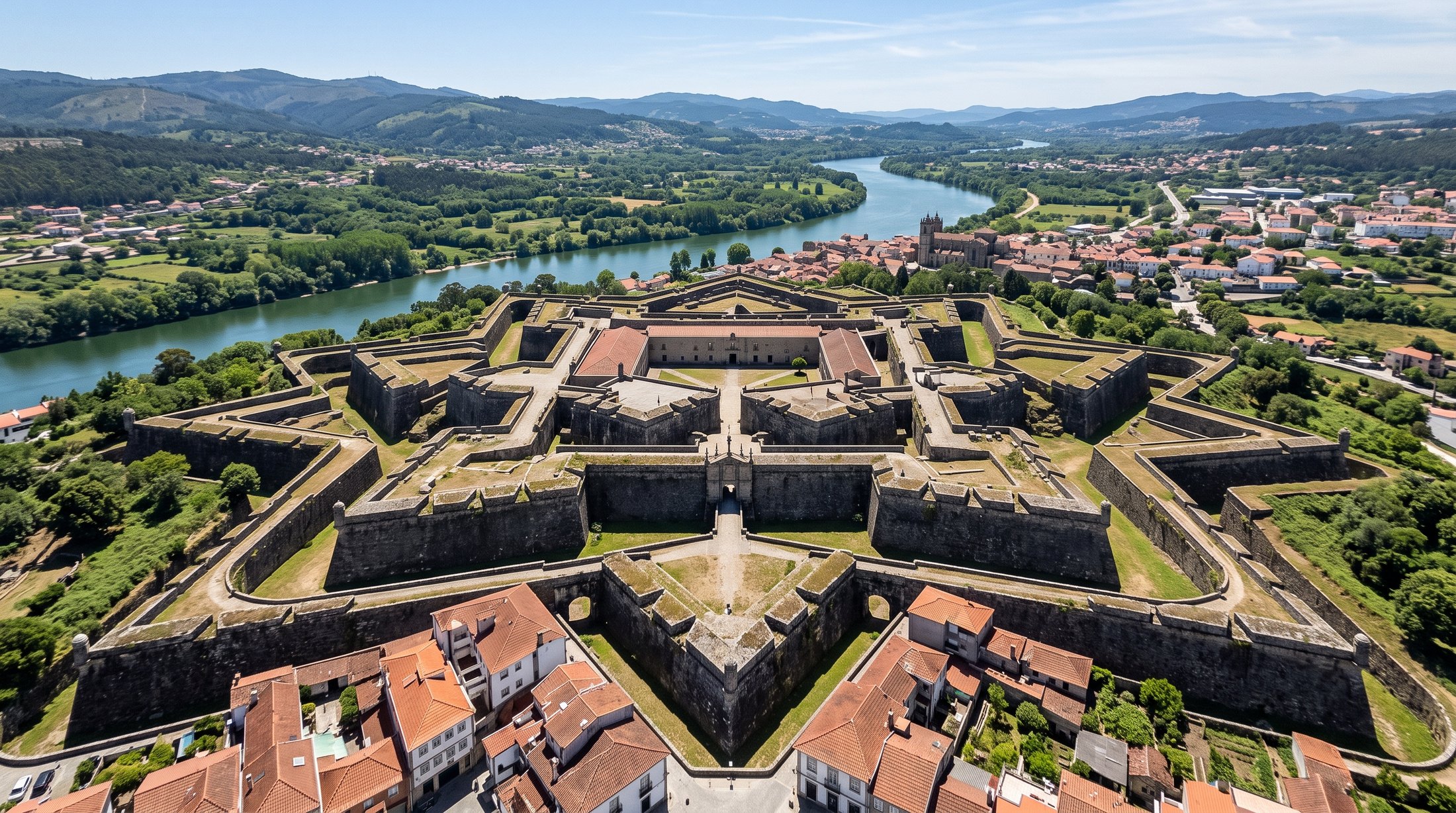Vue aérienne des remparts en étoile de la forteresse bastionnée de Valença do Minho, bastions à angles aigus en granit, fossés, le fleuve Minho en arrière-plan
