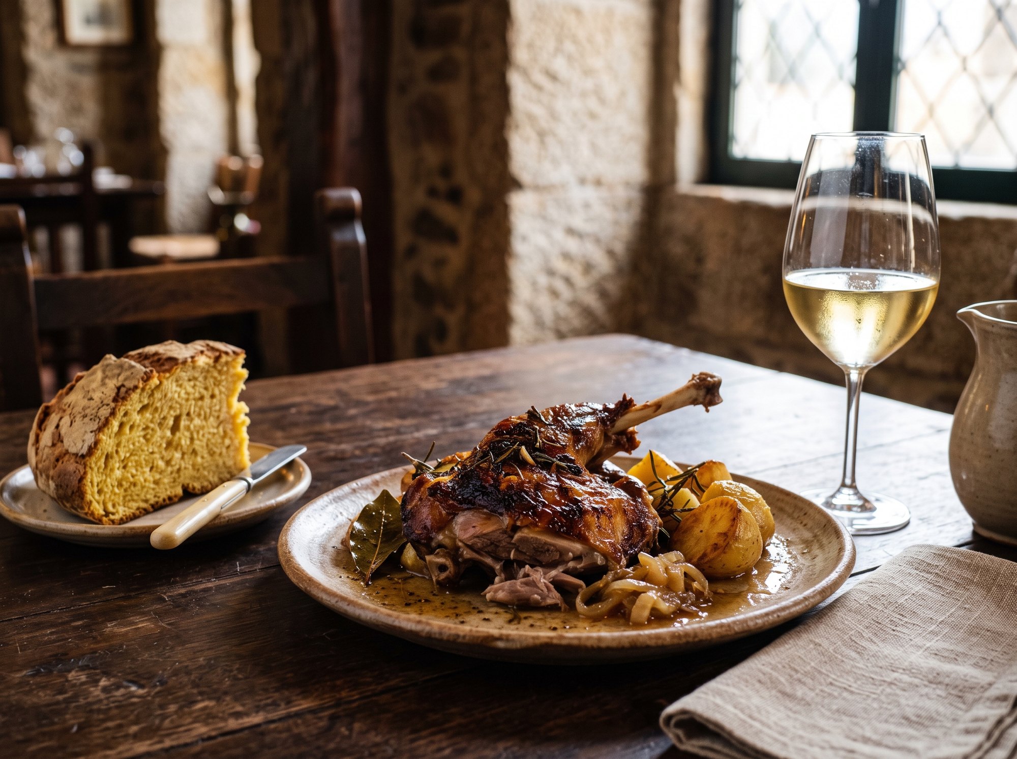 Cabrito assado de l'Alto Minho, chevreau rôti à la peau laquée, pain de maïs et verre d'Alvarinho de Monção, sur une table de tasca
