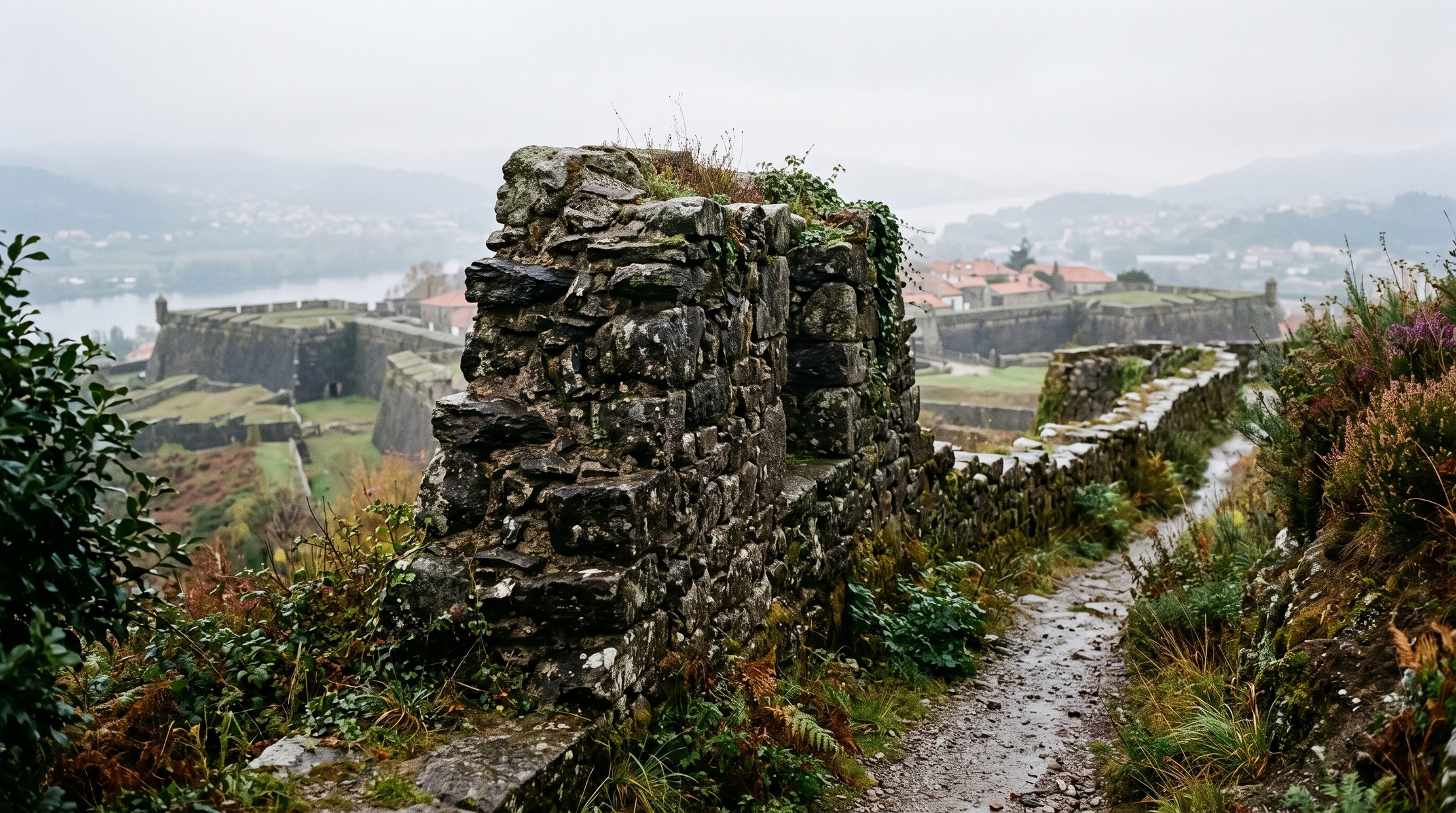 Vieux pan de muraille médiévale en granit sombre de Valença do Minho, pierres frustes et usées, lumière grise d'automne, aucun texte