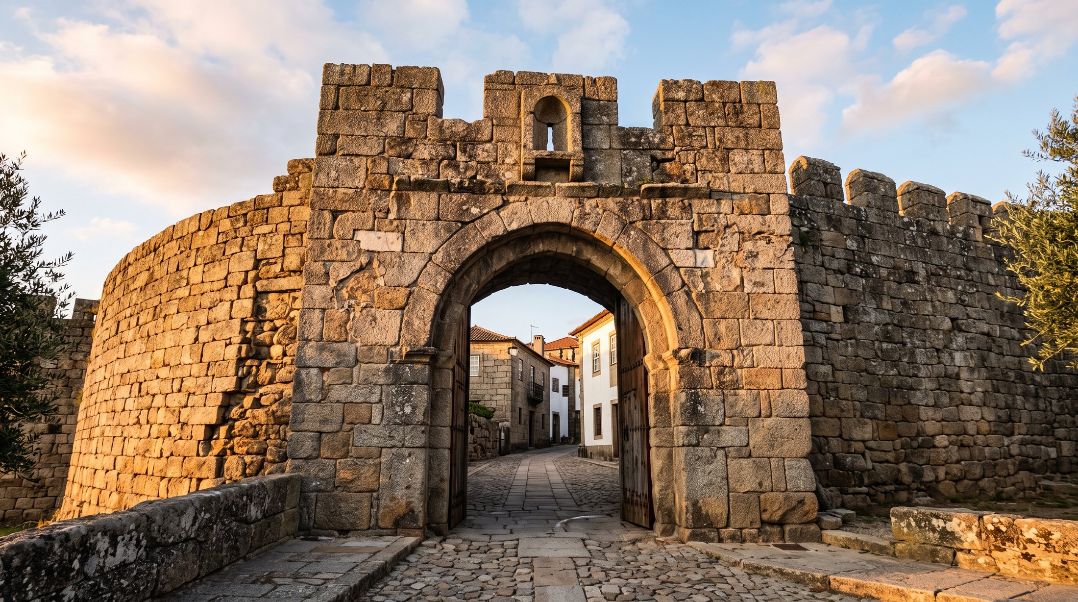 Ancienne porte fortifiée de granit partiellement reconstruite à Valença do Minho, traces de dégâts anciens dans la maçonnerie, arche massive, lumière rasante