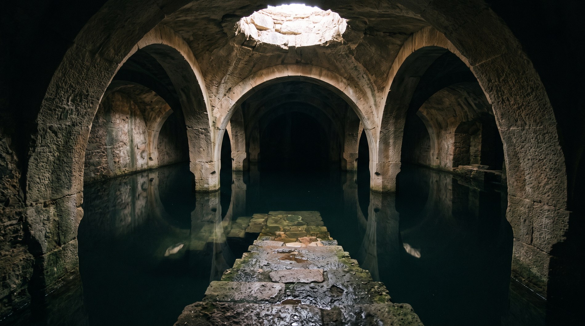 Grande citerne médiévale voûtée en pierre à l'intérieur du château de Silves, escaliers descendant vers l'eau sombre, lumière tamisée filtrant depuis une ouverture, atmosphère de réserve d'eau souterraine mauresque
