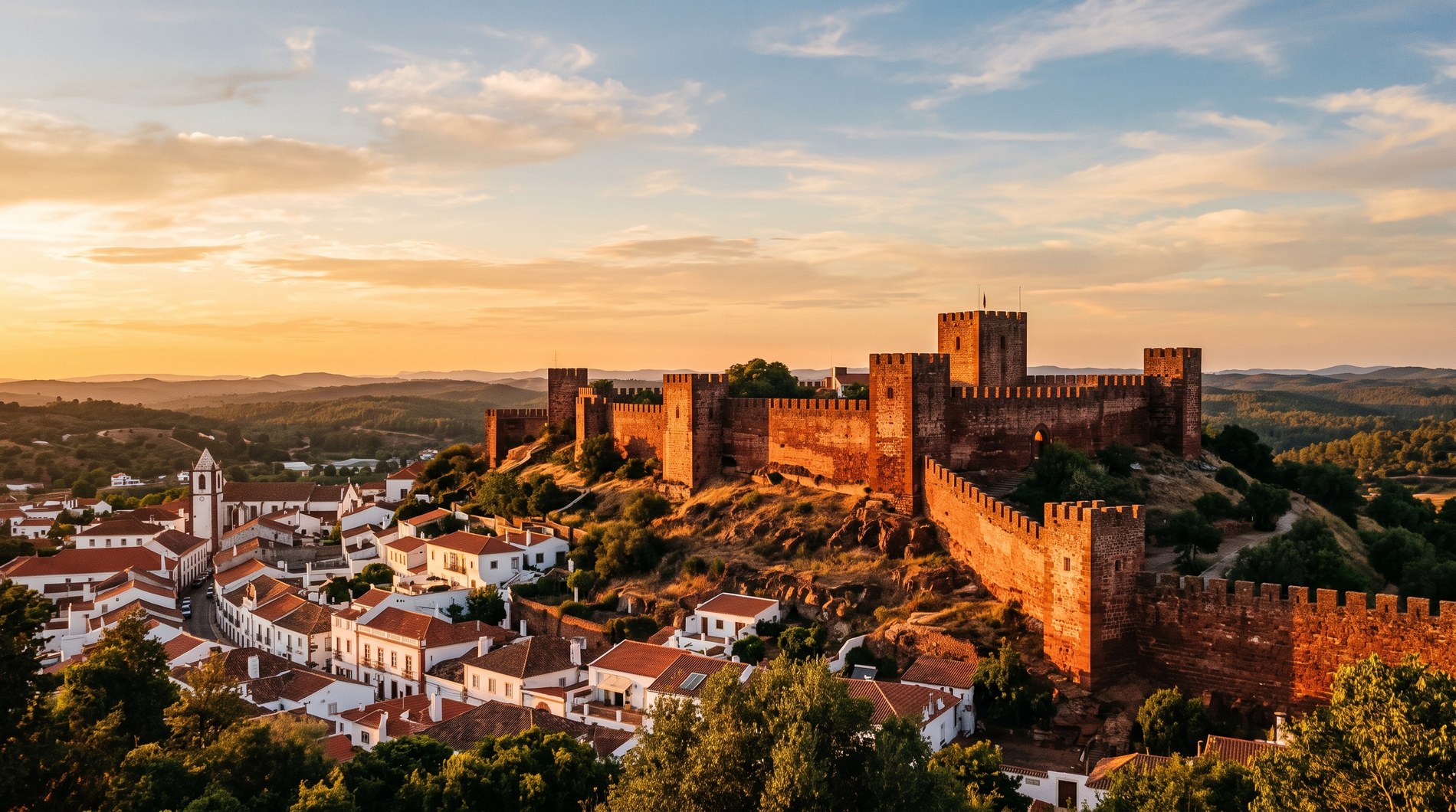 Les murailles et les tours crénelées du château de Silves en grès rouge intense, éclairées par la lumière dorée de fin d'après-midi, silhouette de forteresse mauresque dominant la ville basse, ciel d'été de l'Algarve