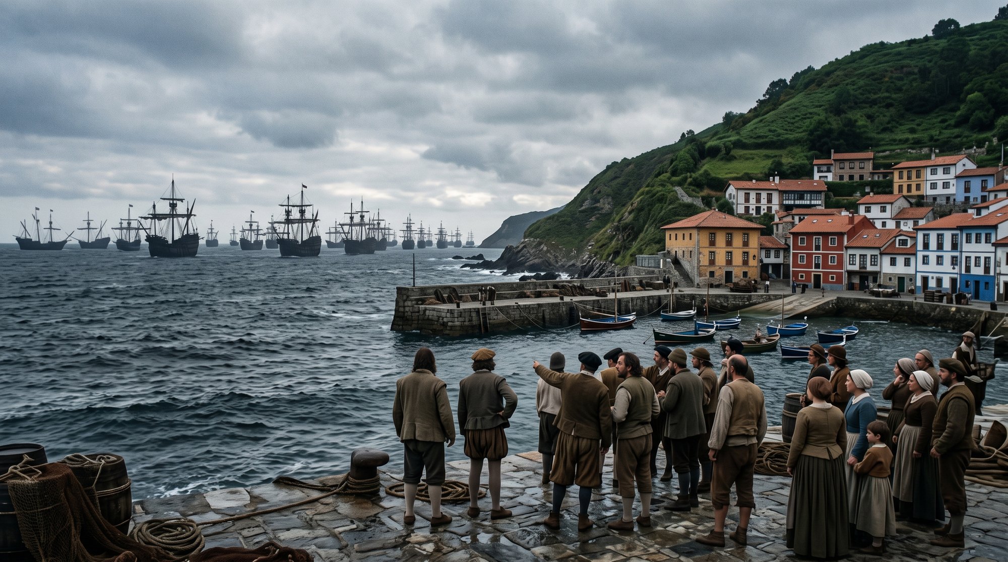 Reconstitution historique : au matin du 19 septembre 1517, une flotte de près de quarante navires du XVIe siècle approche du petit port de Tazones en Asturies, pêcheurs inquiets sur le quai, lumière grise de tempête finissante