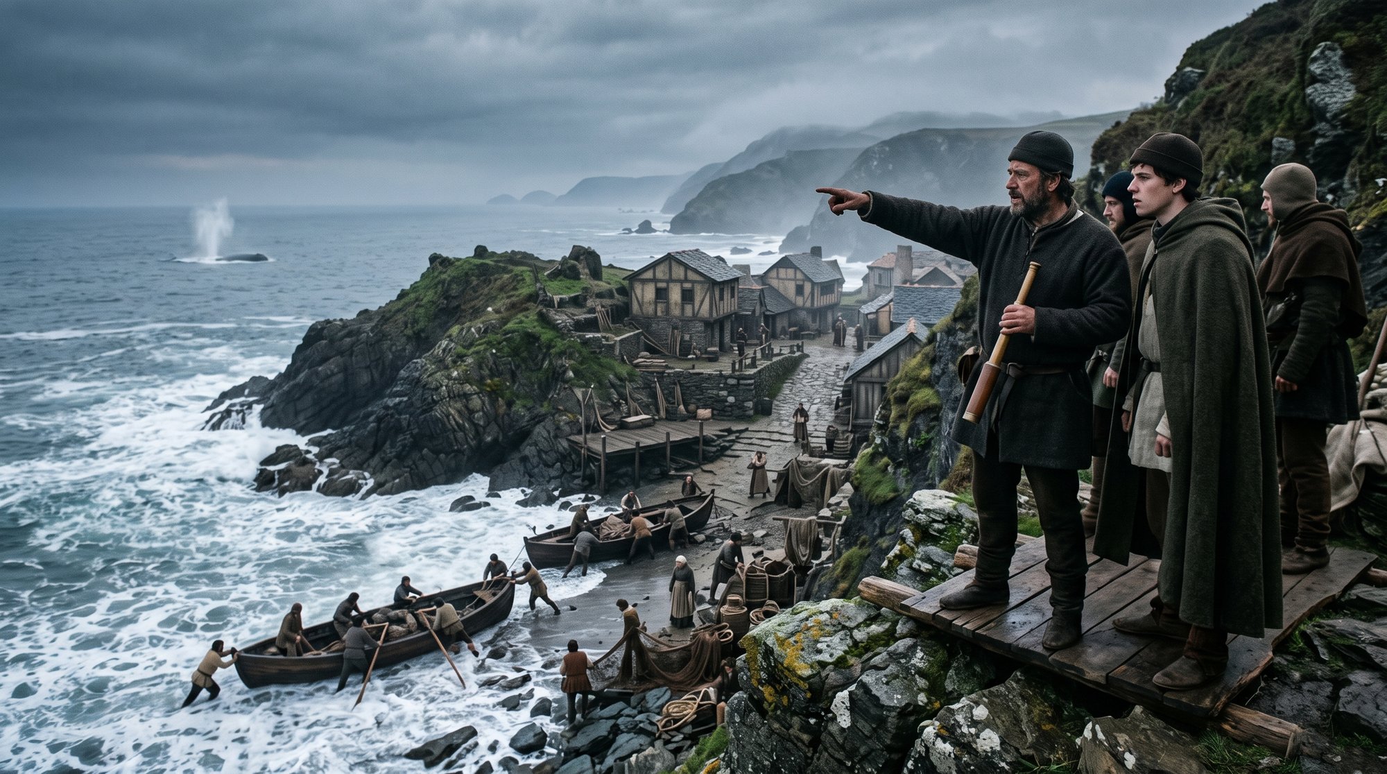 Reconstitution historique : au XVe siècle, des guetteurs sur la falaise d'Asturies surveillent le souffle d'une baleine au large tandis que des barques baleinières s'élancent depuis un petit port cantabrique, ambiance de brume marine