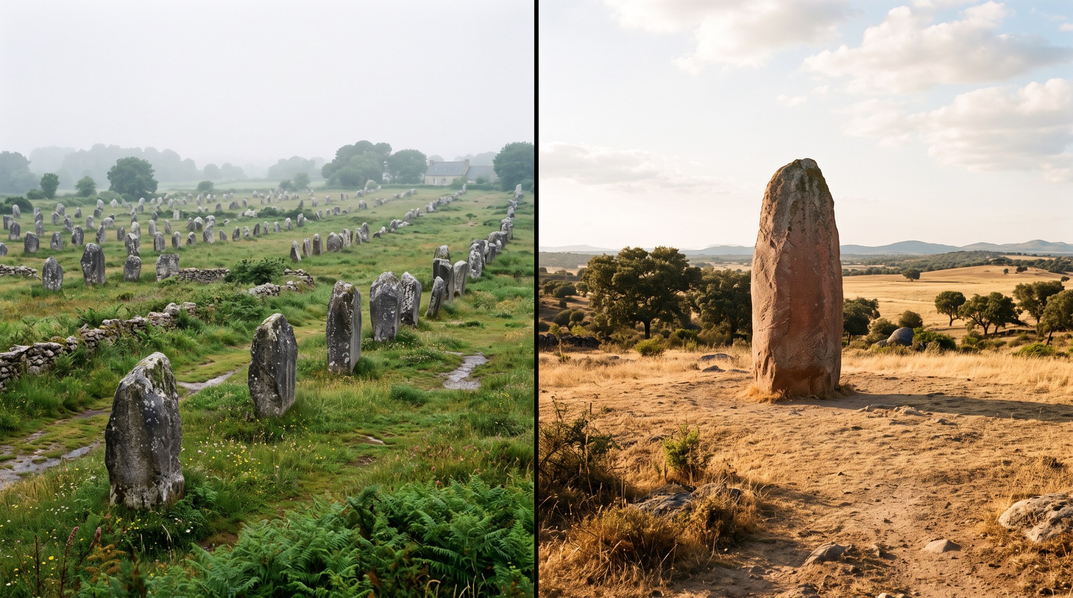 Comparaison visuelle de deux paysages mégalithiques, alignements de menhirs bretons de Carnac dans une lande verte et brumeuse, mise en regard avec une pierre levée isolée dans la plaine dorée de l'Alentejo, ambiance contemplative