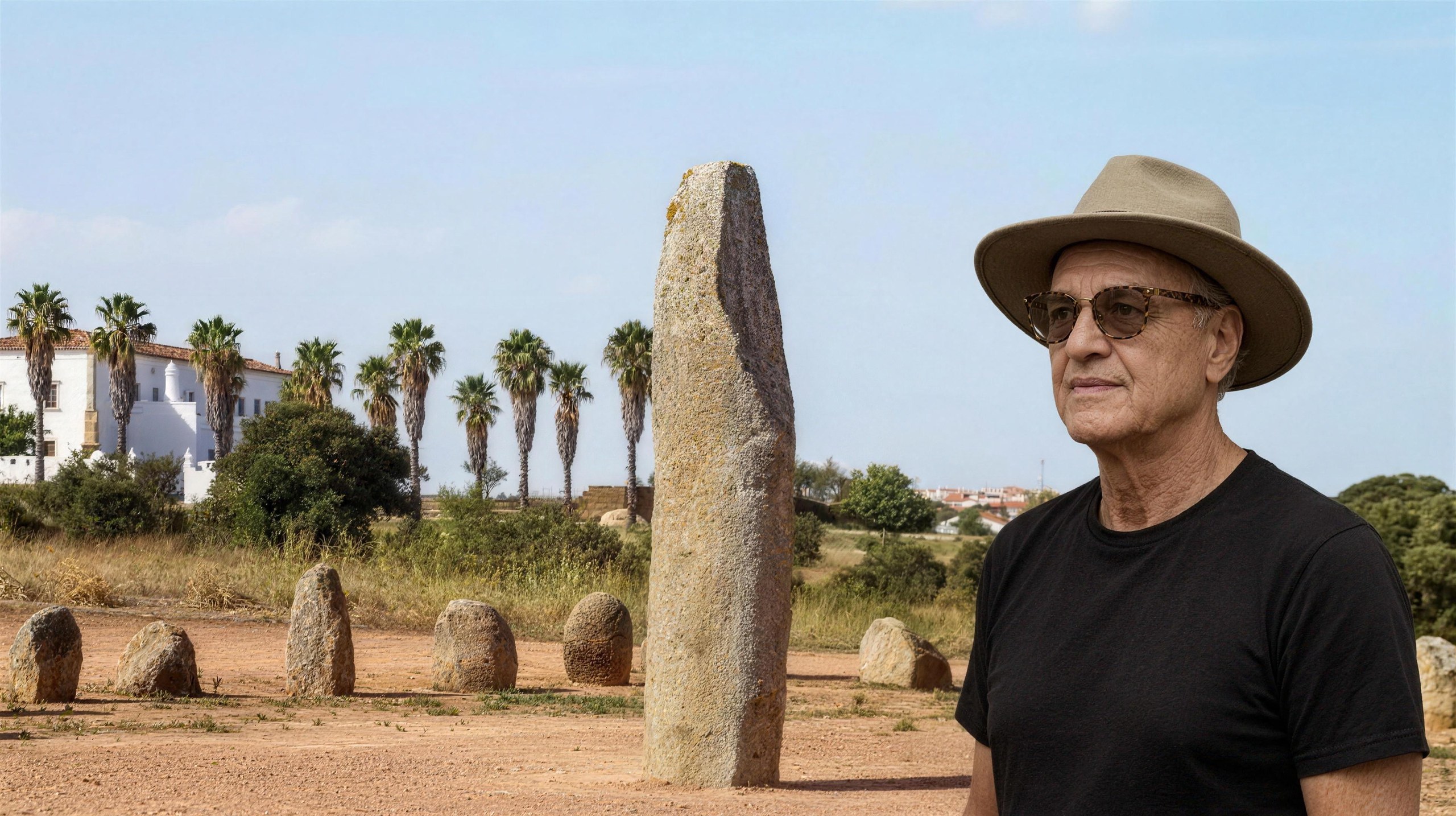 Lucas Lunes devant le cromlech de Xerez, près de Monsaraz, Alentejo, Portugal