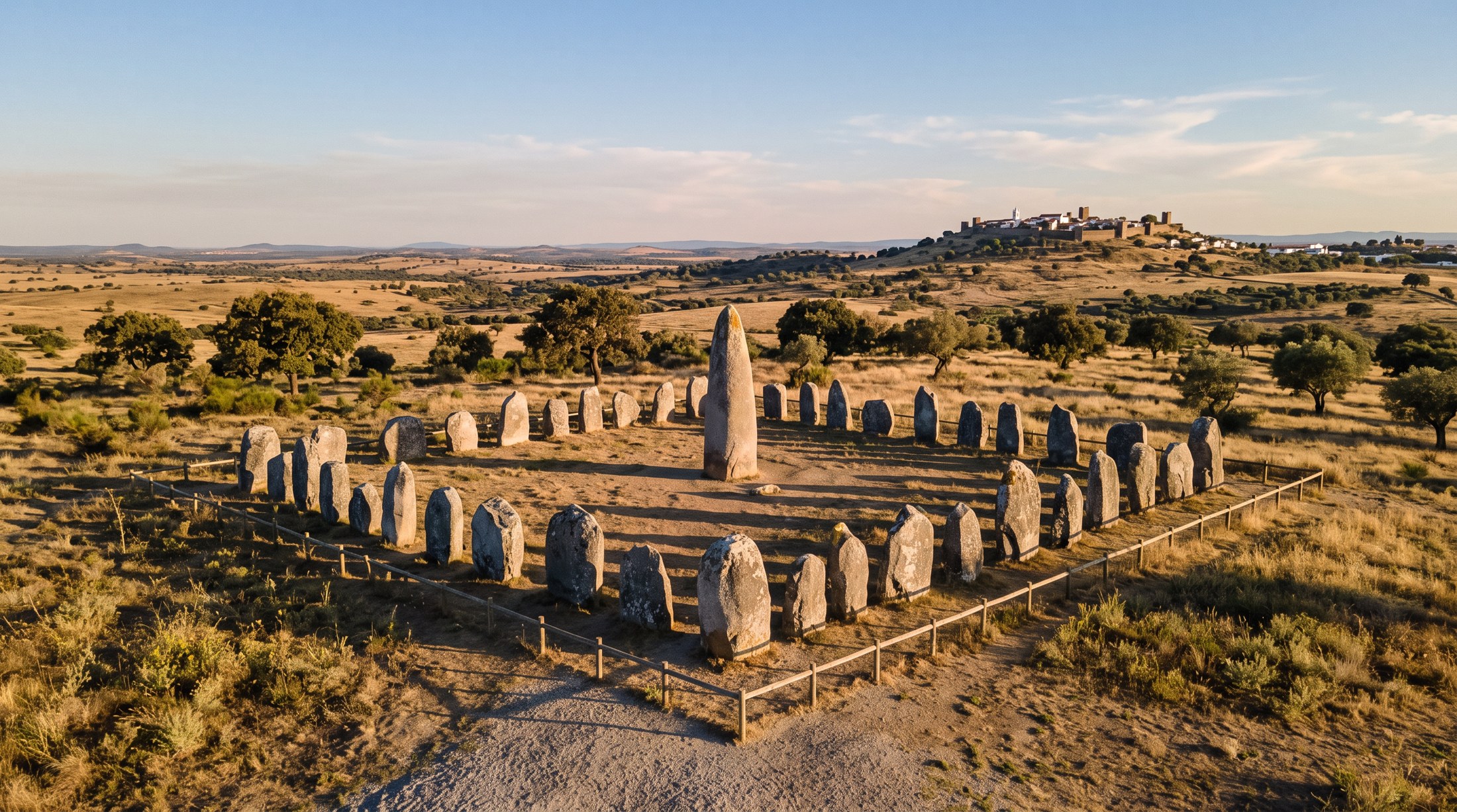 Le cromlech de Xerez près de Monsaraz, cercle de menhirs de granit gris autour d'un grand menhir central conique, lumière rasante de fin d'après-midi sur la plaine sèche de l'Alentejo, ciel dégagé
