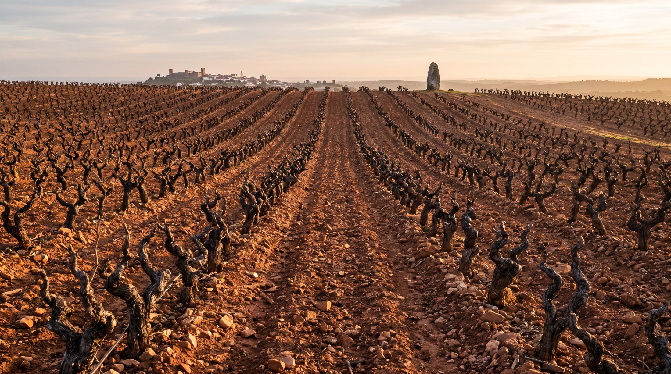 Vieilles vignes basses de l'Alentejo aux ceps noueux plantés en rangs sur sol granitique rougeâtre, un menhir de pierre grise visible au loin entre les rangs, lumière chaude du matin
