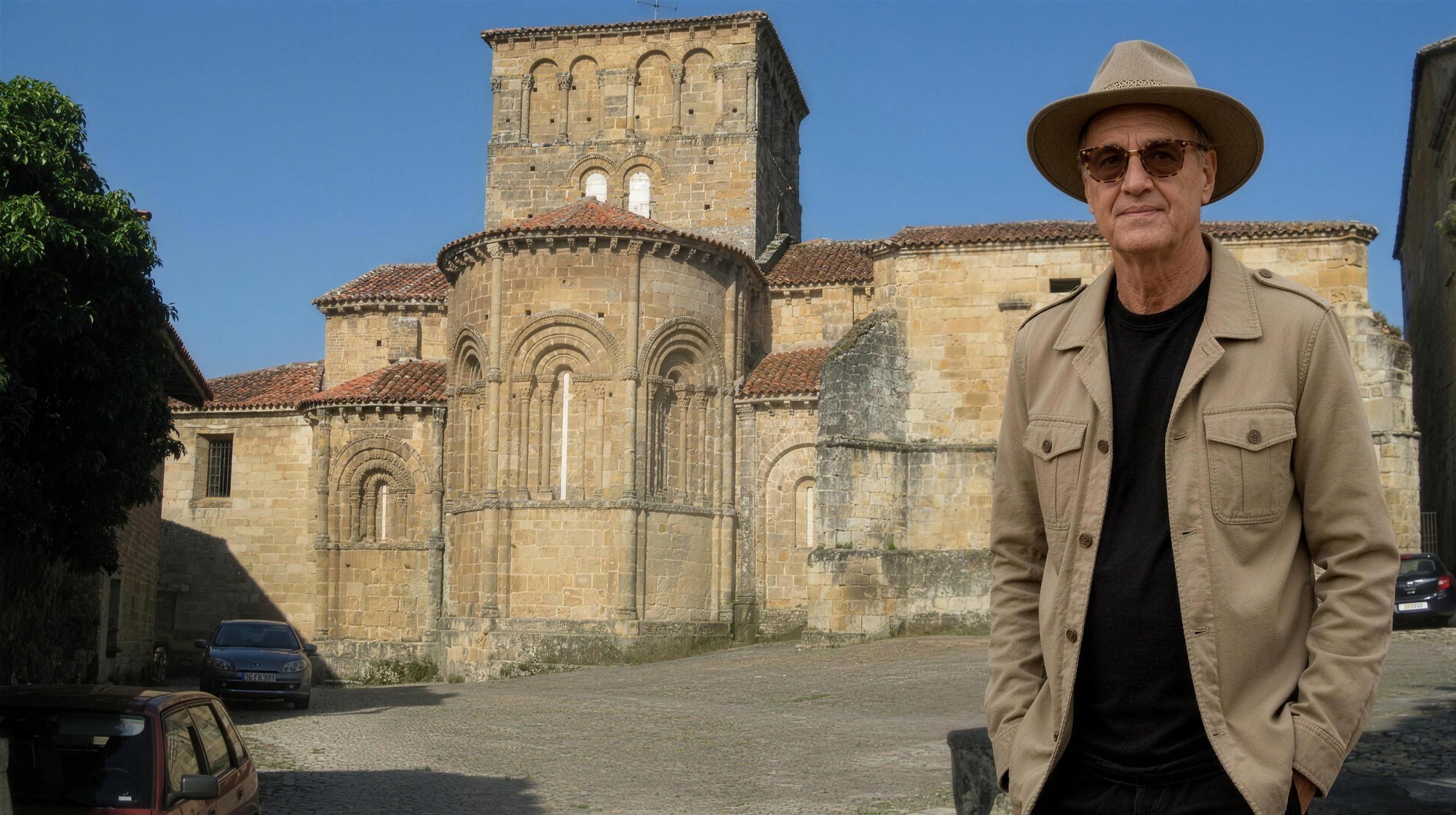 Lucas Lunes devant la collégiale de Santa Juliana, Santillana del Mar, Cantabrie, Espagne