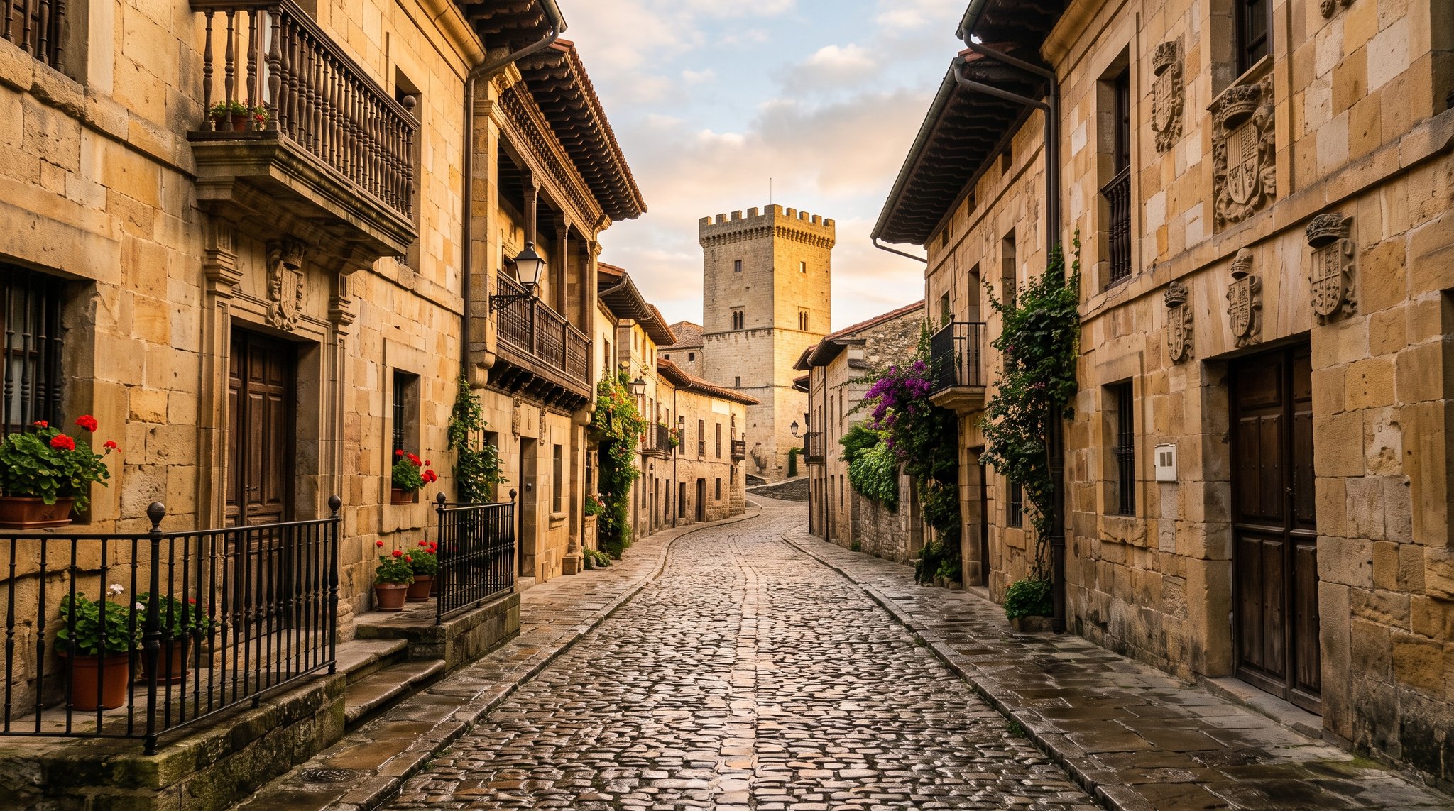 Ruelle pavée de Santillana del Mar au petit matin, casonas médiévales en pierre dorée avec blasons sculptés, la Torre del Merino carrée au fond, lumière rasante, aucune personne au premier plan