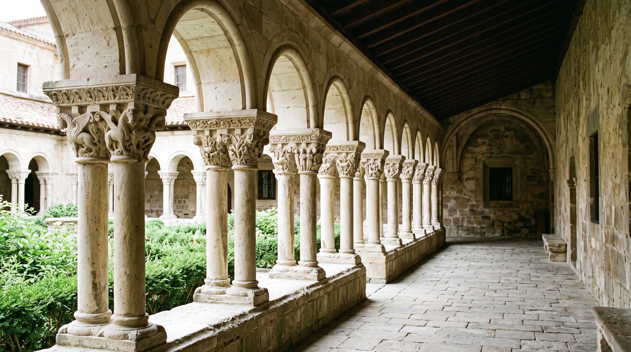 Intérieur du cloître roman de la collégiale de Santillana del Mar, colonnes jumelles et chapiteaux historiés sculptés, arcs en plein cintre, lumière douce, ambiance médiévale