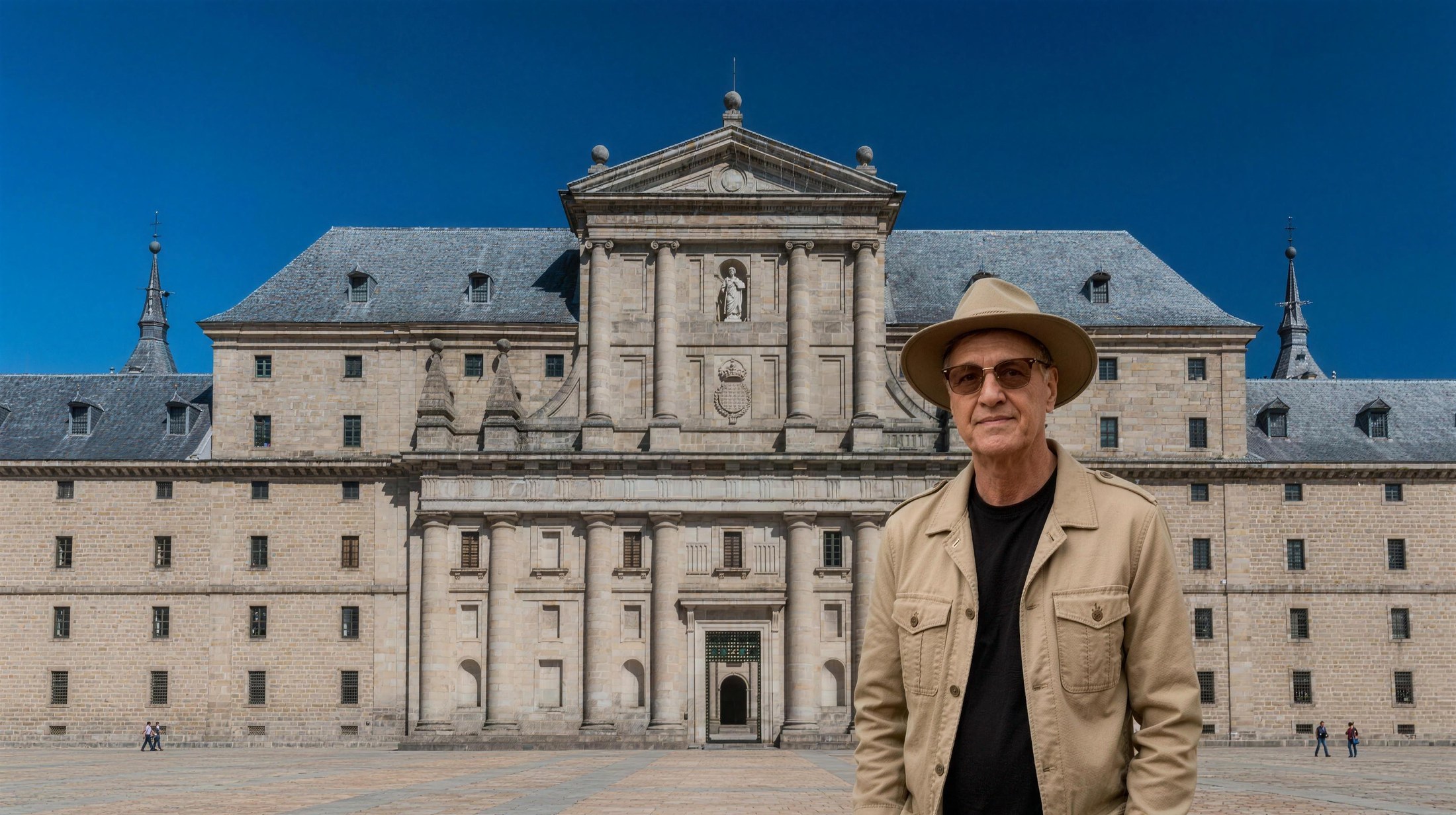 Lucas Lunes devant le monastère de San Lorenzo de El Escorial, Communauté de Madrid, Espagne