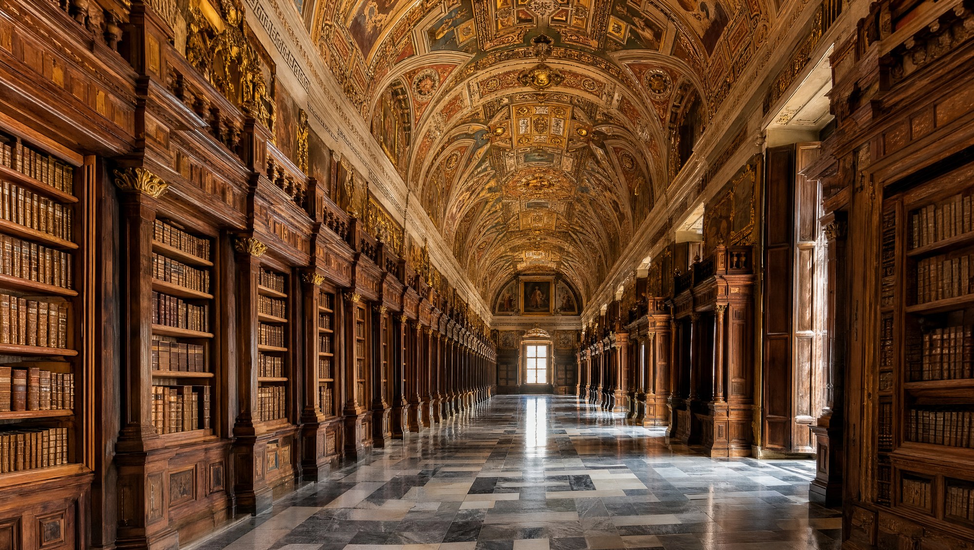 Grande bibliothèque de l'Escorial, longue nef voûtée aux fresques colorées, rayonnages de bois anciens et livres rangés tranche vers l'extérieur, lumière dorée